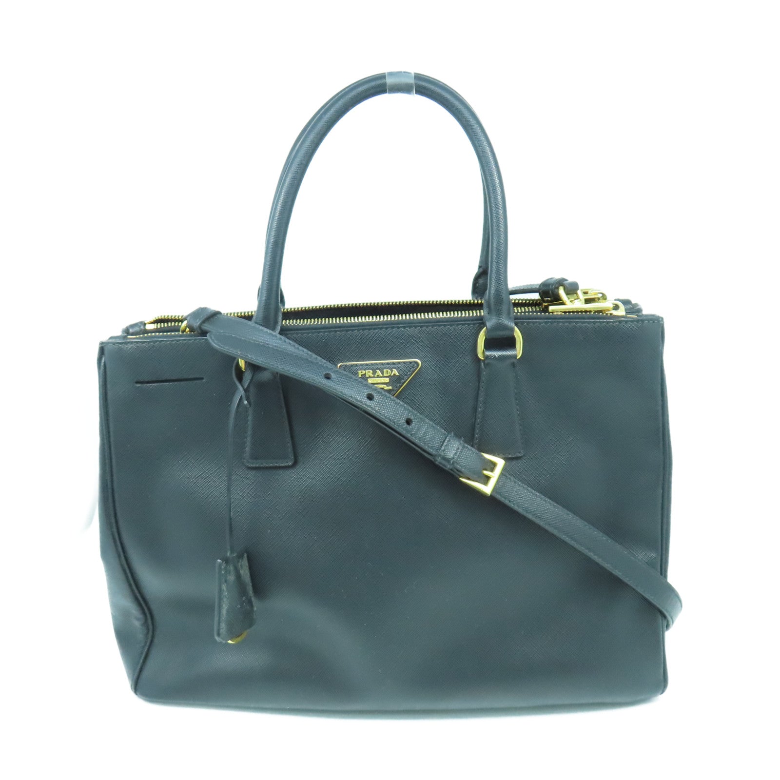 PRADA Saffiano Lux 2 Way Shoulder金扣手挽肩背兩用袋黑色