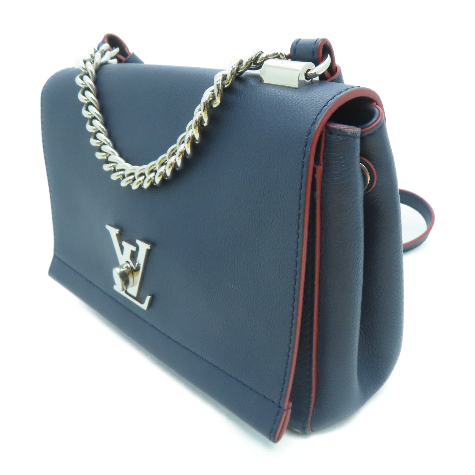 LOUIS VUITTON 牛皮皮革Lockme II BB銀扣鏈條手挽肩背兩用袋Marine Rouge藍色/紅色