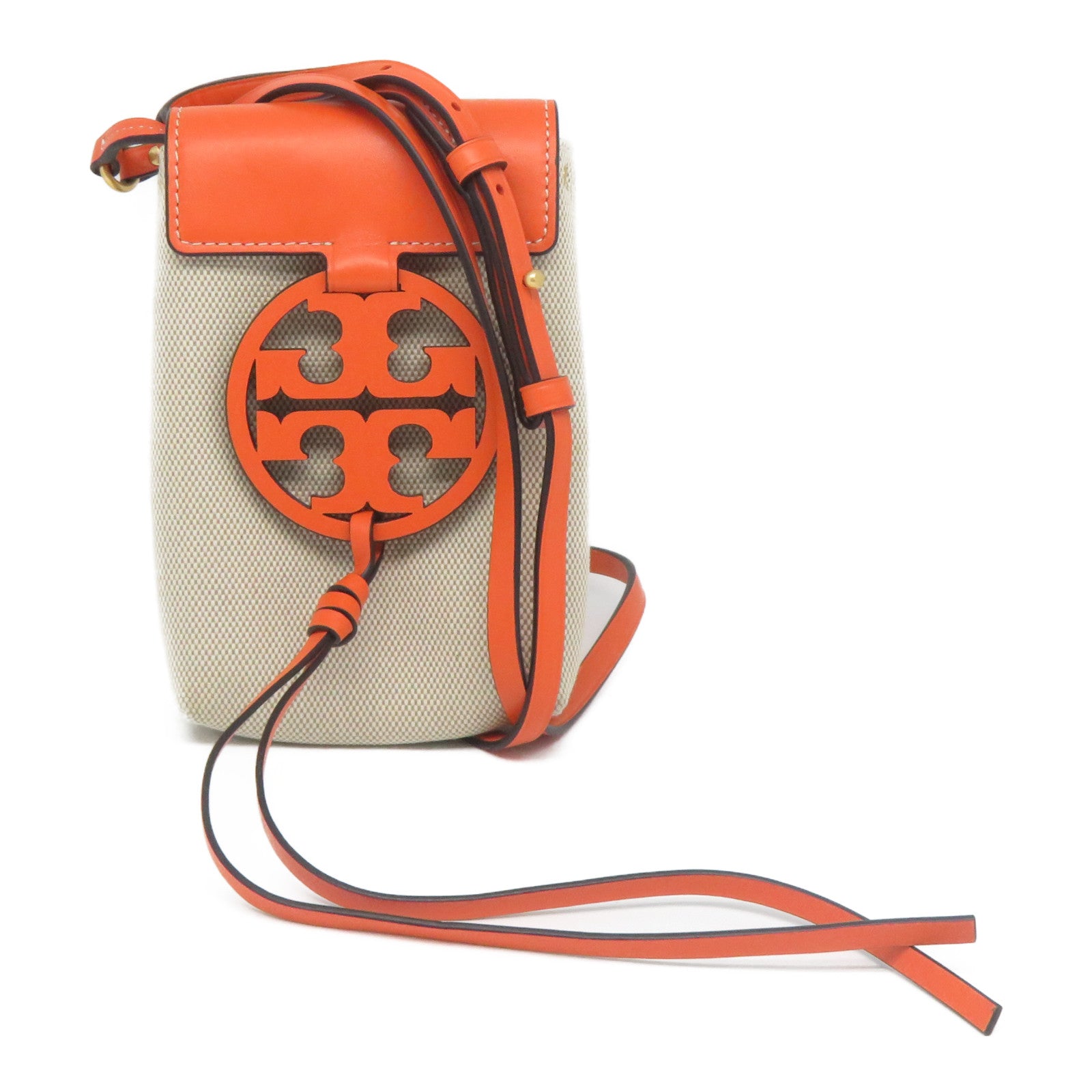 Tory Burch 帆布/皮革Shoulder Bag金扣肩背袋米色/橙色