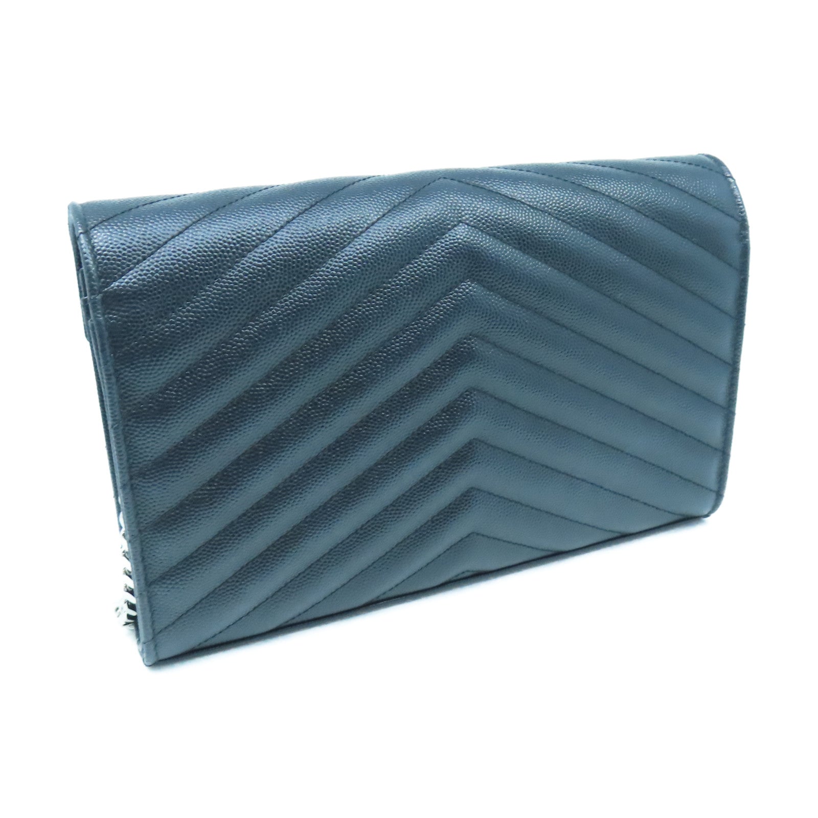 YVES SAINT LAURENT 斜紋牛皮皮革Shoulder Bag銀扣鏈帶肩背袋黑色
