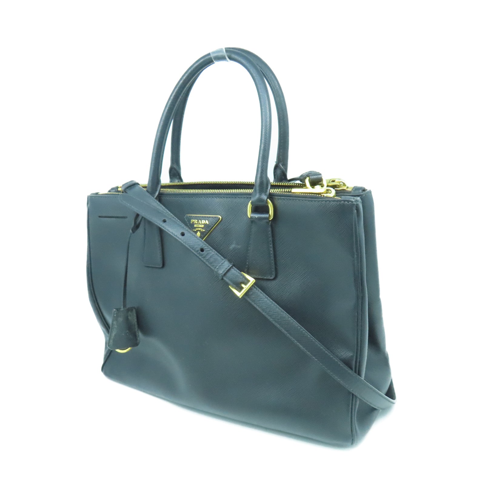 PRADA Saffiano Lux 2 Way Shoulder金扣手挽肩背兩用袋黑色