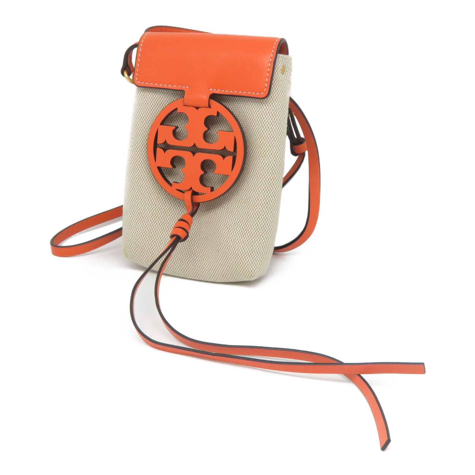 Tory Burch 帆布/皮革Shoulder Bag金扣肩背袋米色/橙色