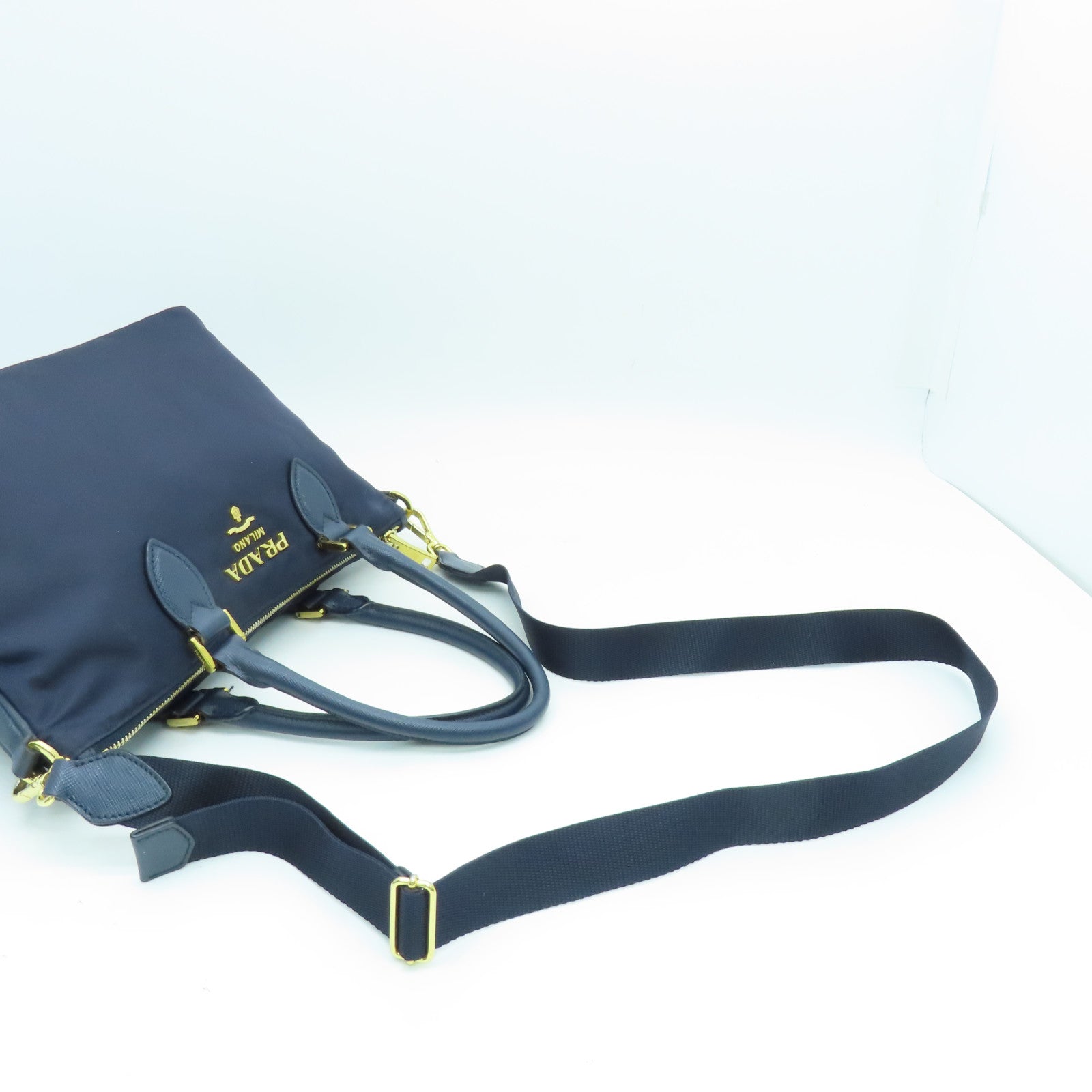 PRADA Nylon 2 Way Shoulder Bag Gold Buckle Handle Shoulder Bag Dark Blue