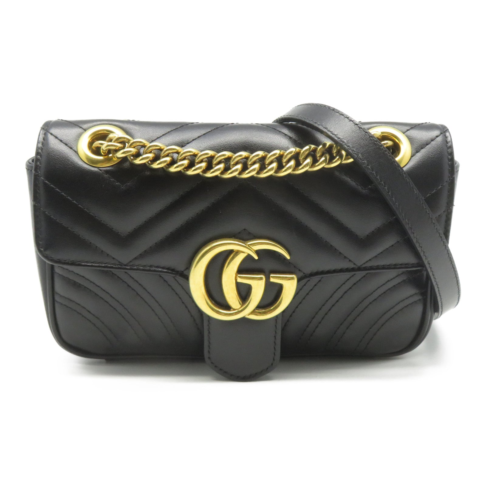 GUCCI 牛皮皮革Chain Shoulder金扣鏈帶肩背袋黑色