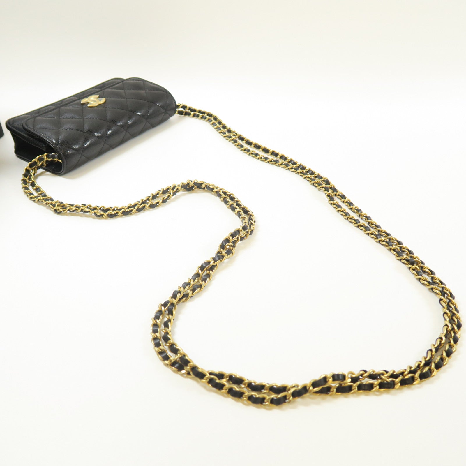 CHANEL 菱格牛皮皮革Chain Shoulder金扣鏈帶肩背袋黑色