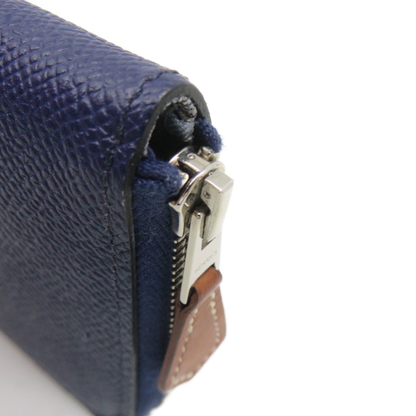 HERMES Epsom皮革Silk in Compact Coin Case銀扣拉鏈短零錢包Bleu Saphir藍色