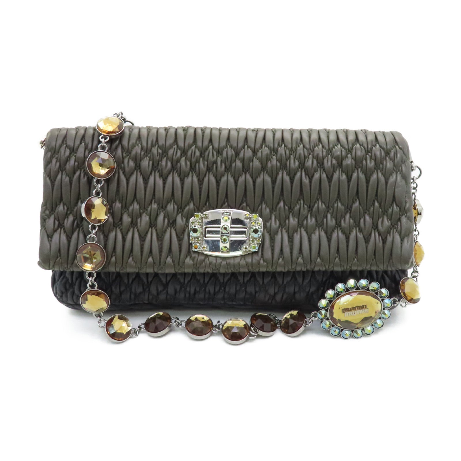 Miu Miu Cowhide Leather 2way Shoulder Bag Silver Buckle Handle Shoulder Bag Green/Black
