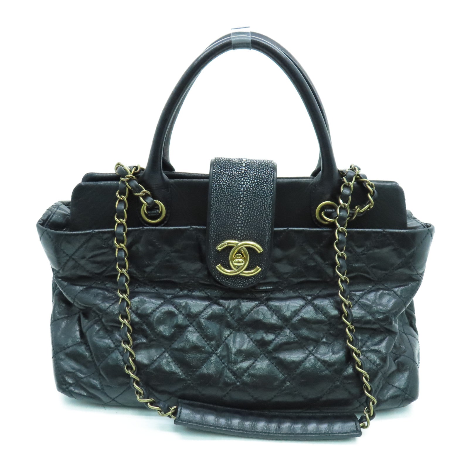 CHANEL 菱格牛皮皮革Shoulder Bag金扣手挽肩背两用袋黑色