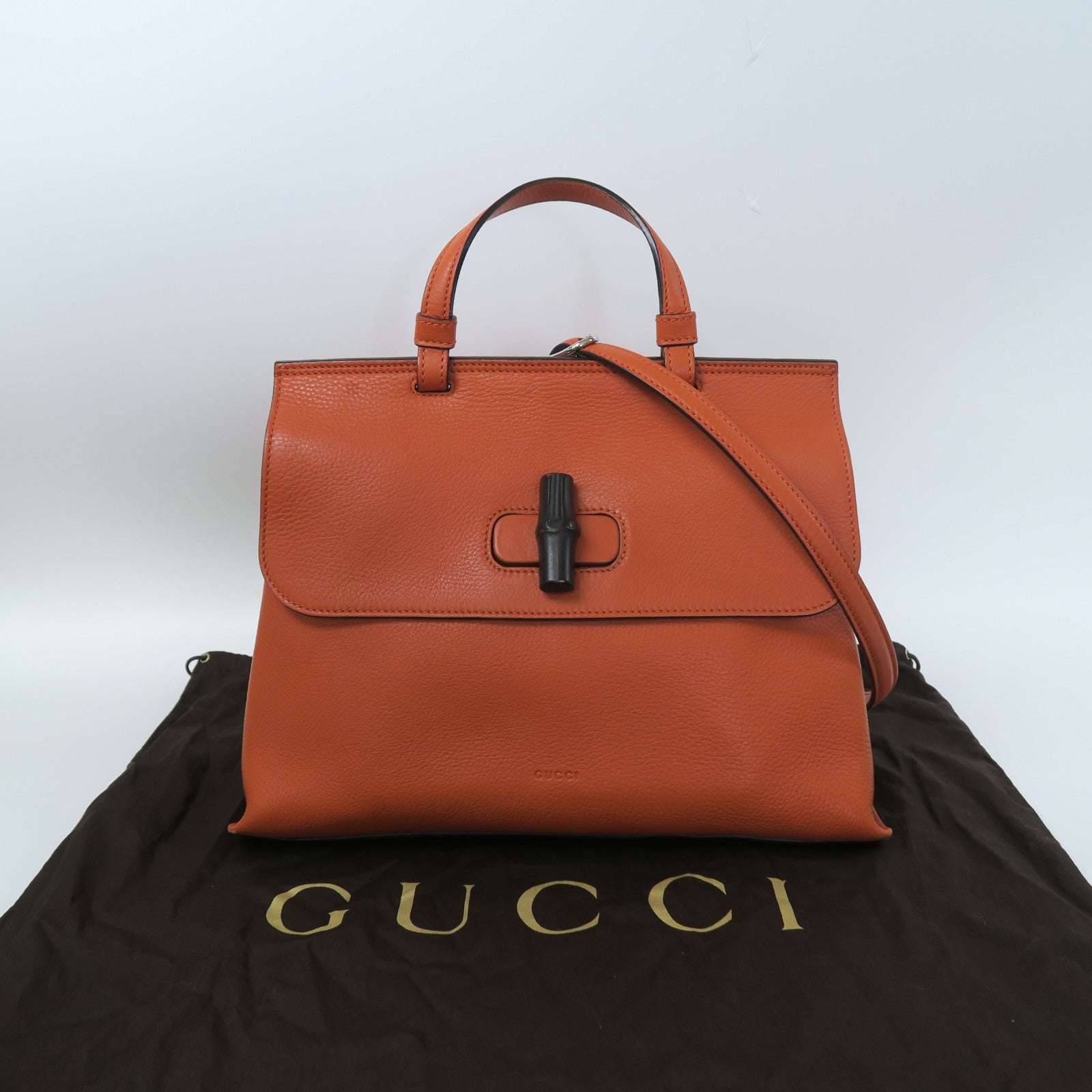 GUCCI 牛皮皮革Bamboo Daily Top Handle銀扣手挽肩背兩用袋橙色