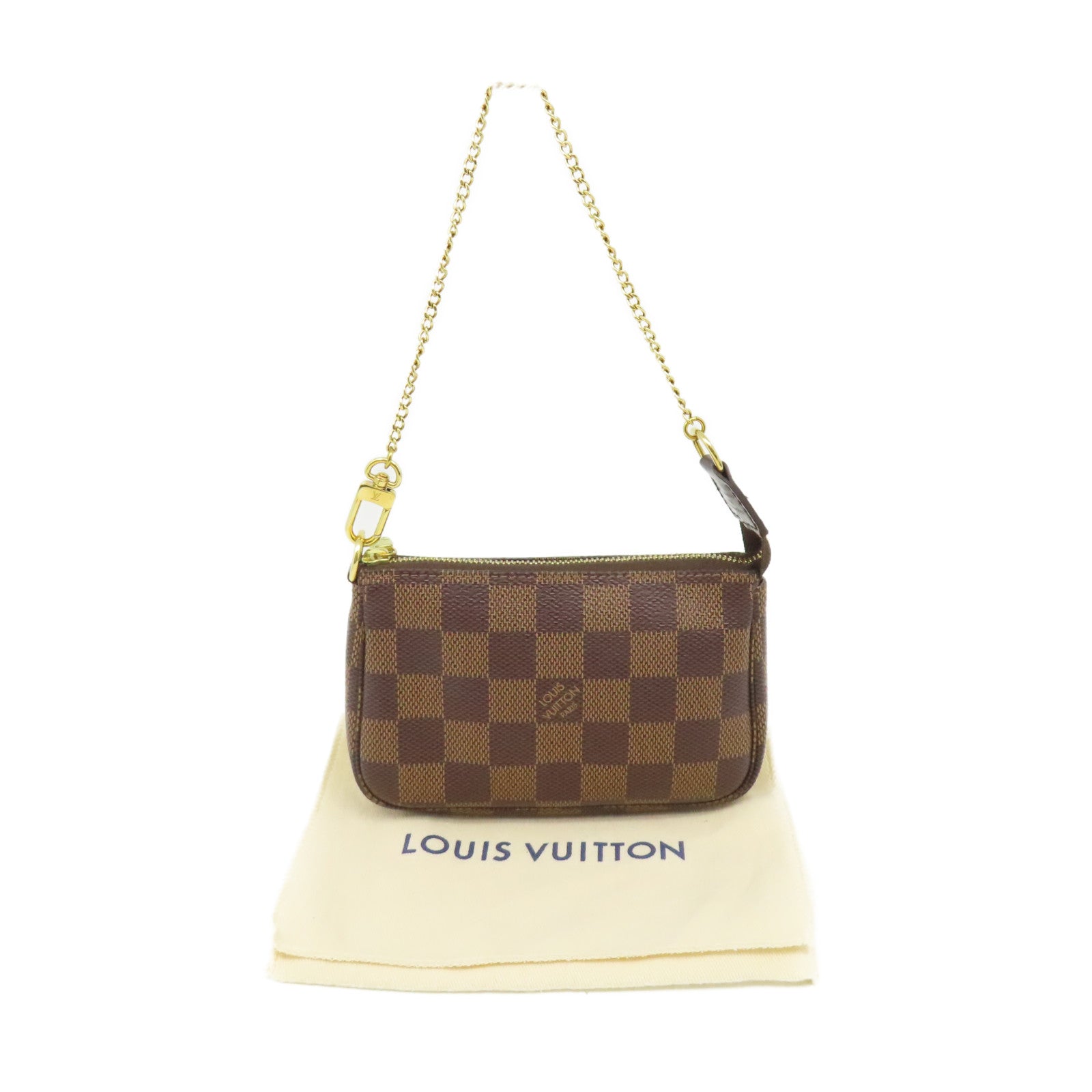 LOUIS VUITTON Damier Mini Pochette Accessories Pouch金扣鏈帶手拿包啡色