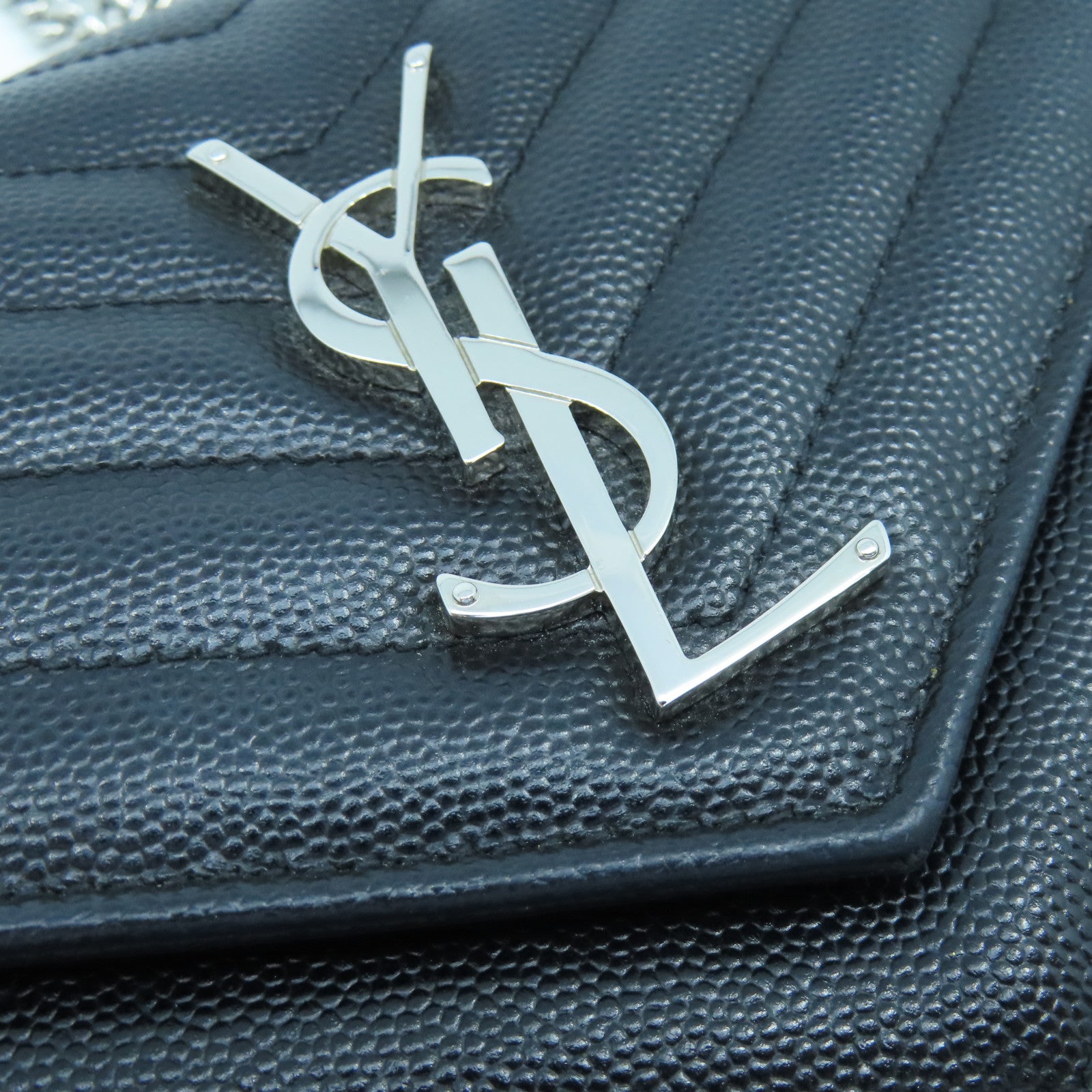 YVES SAINT LAURENT 斜紋牛皮皮革Shoulder Bag銀扣鏈帶肩背袋黑色