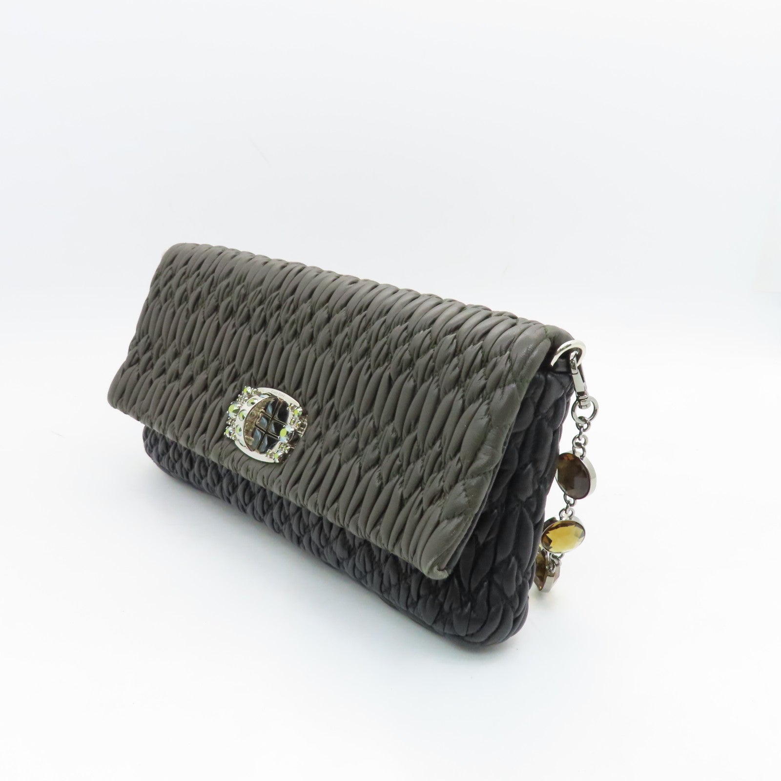 Miu Miu Cowhide Leather 2way Shoulder Bag Silver Buckle Handle Shoulder Bag Green/Black