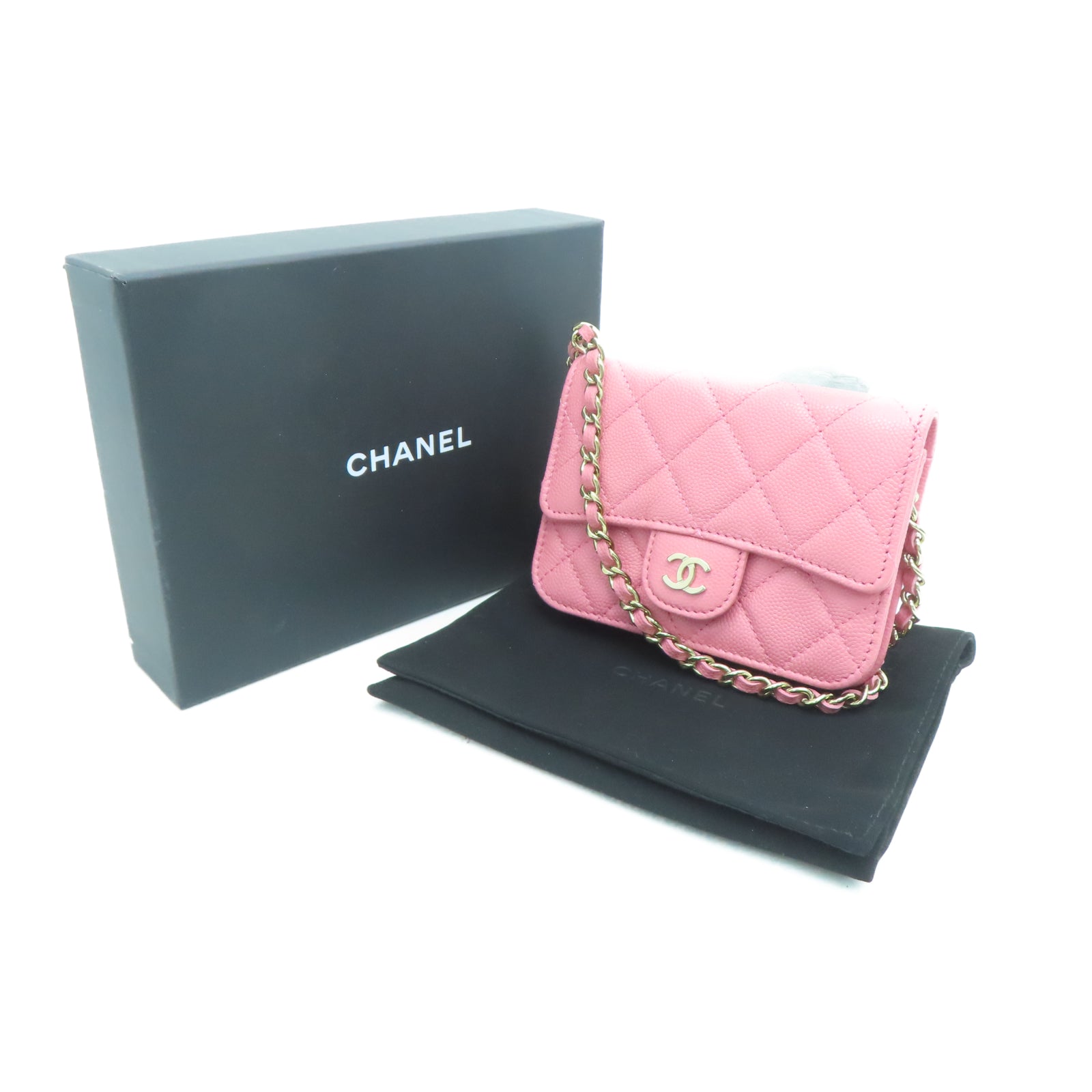 CHANEL 菱格Caviar皮革Chain Shoulder金扣链带肩背袋粉红色