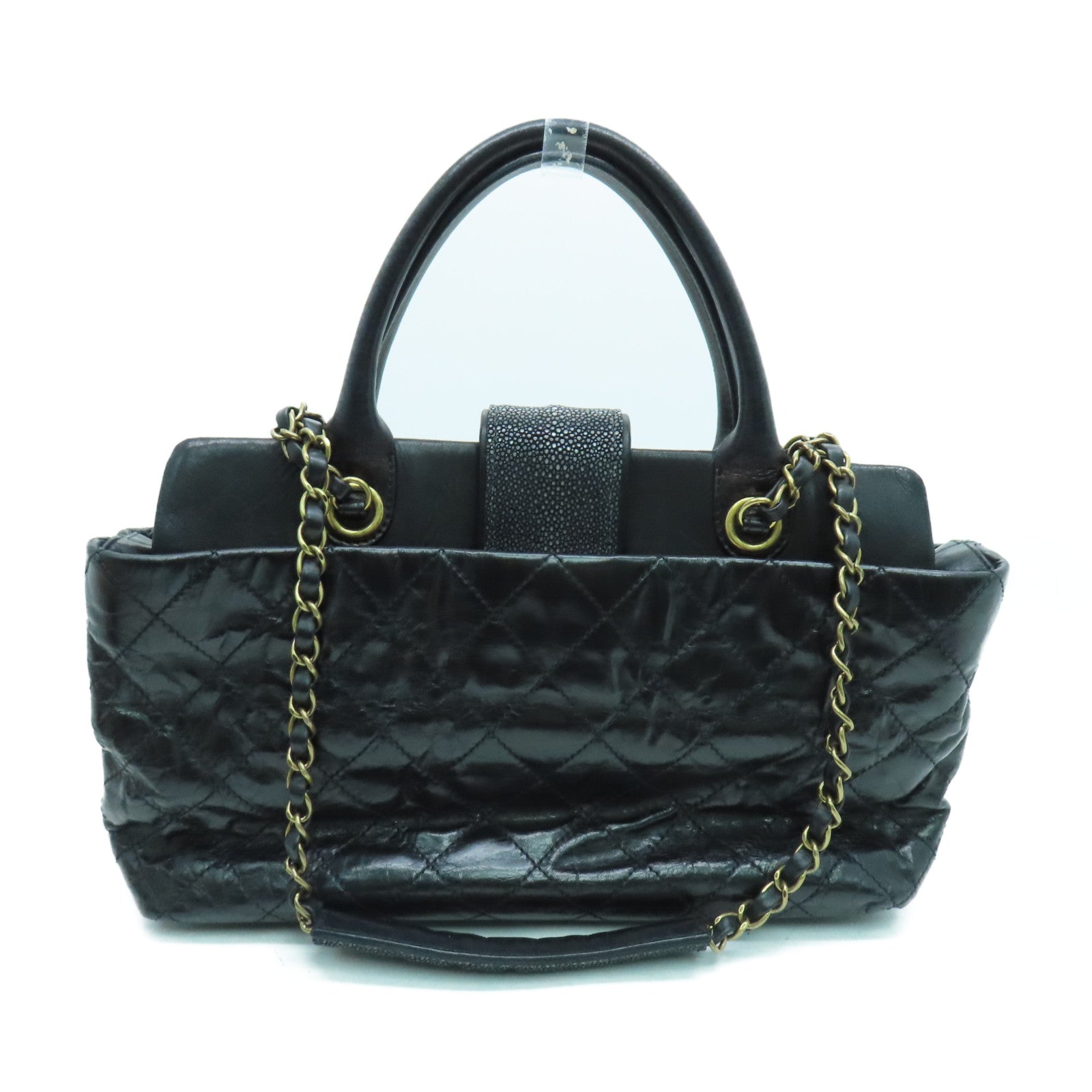 CHANEL 菱格牛皮皮革Shoulder Bag金扣手挽肩背两用袋黑色
