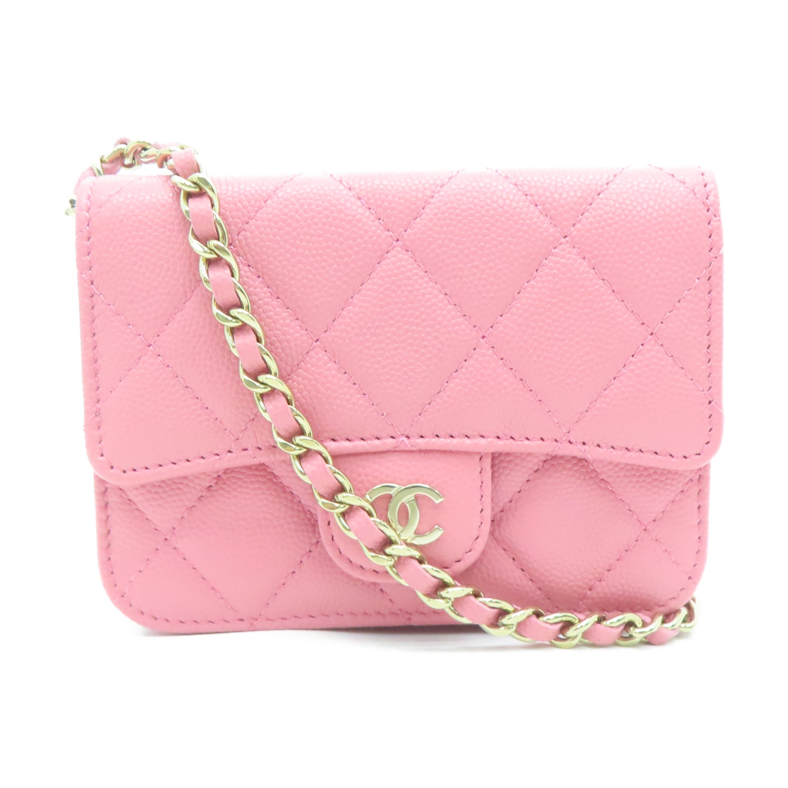 CHANEL 菱格Caviar皮革Chain Shoulder金扣链带肩背袋粉红色