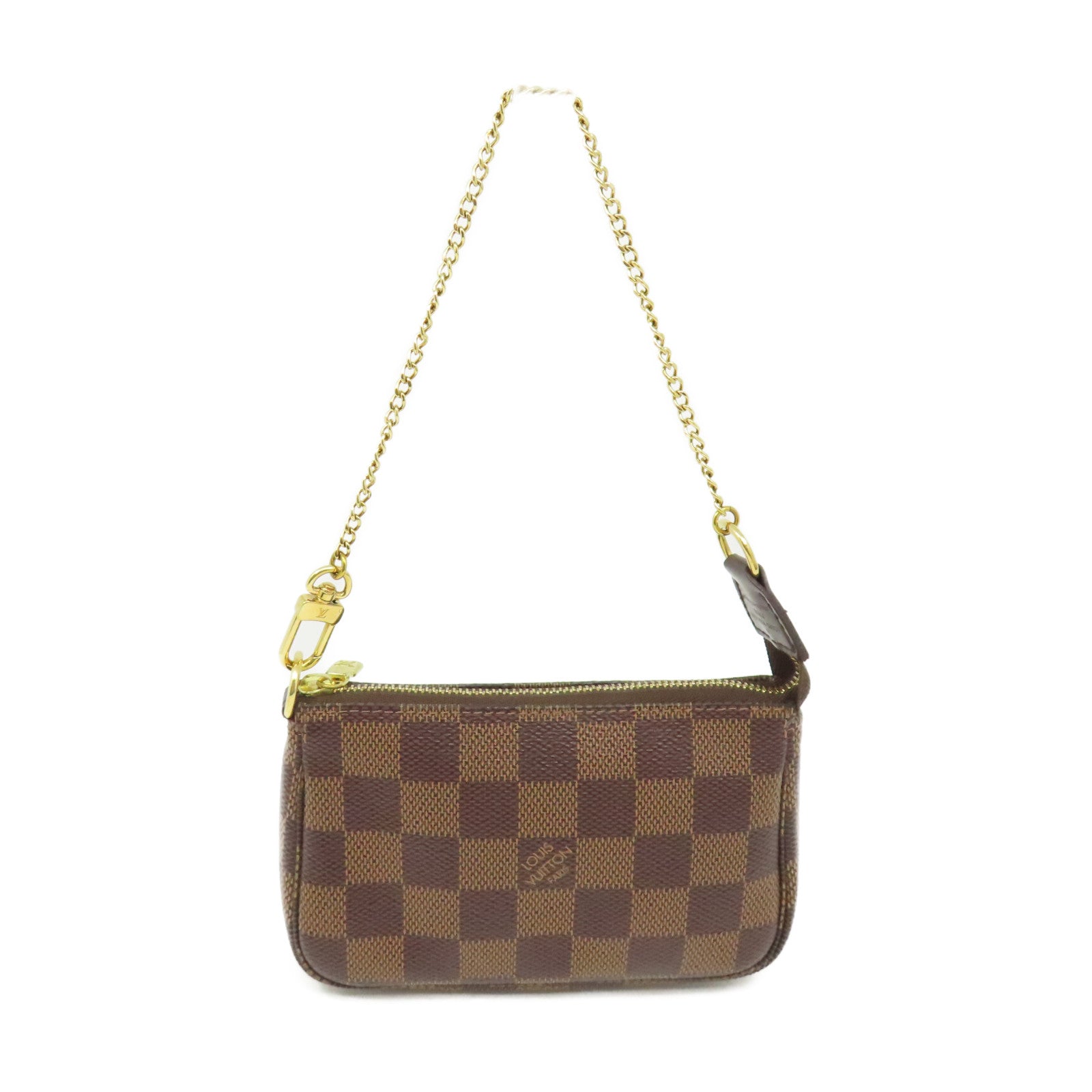 LOUIS VUITTON Damier Mini Pochette Accessories Pouch金扣鏈帶手拿包啡色