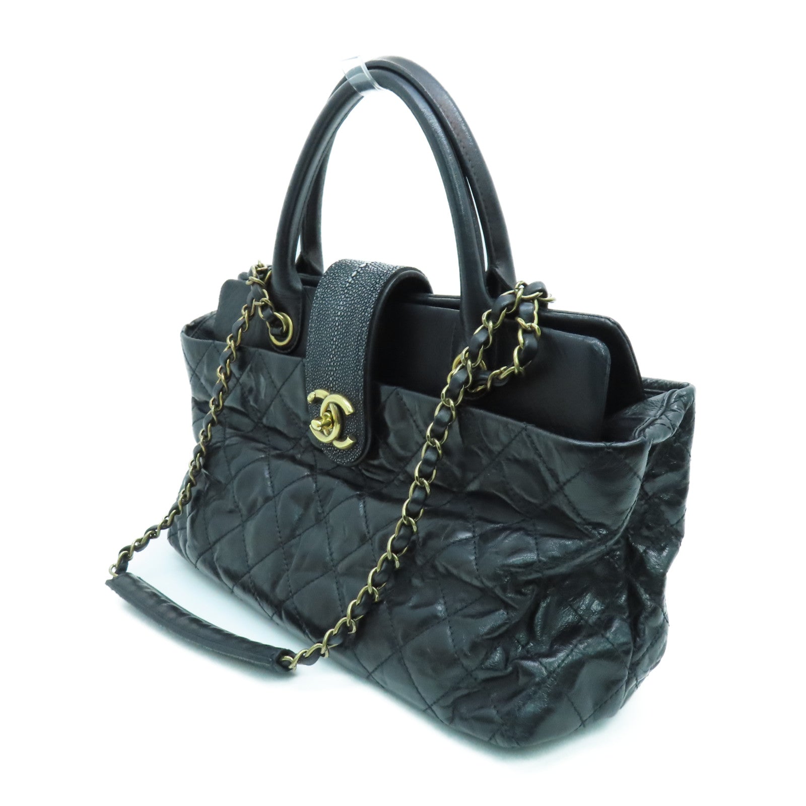 CHANEL 菱格牛皮皮革Shoulder Bag金扣手挽肩背两用袋黑色