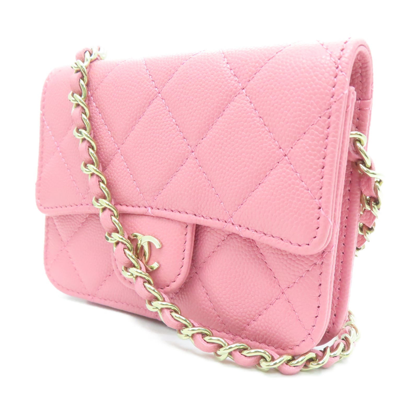 CHANEL 菱格Caviar皮革Chain Shoulder金扣链带肩背袋粉红色