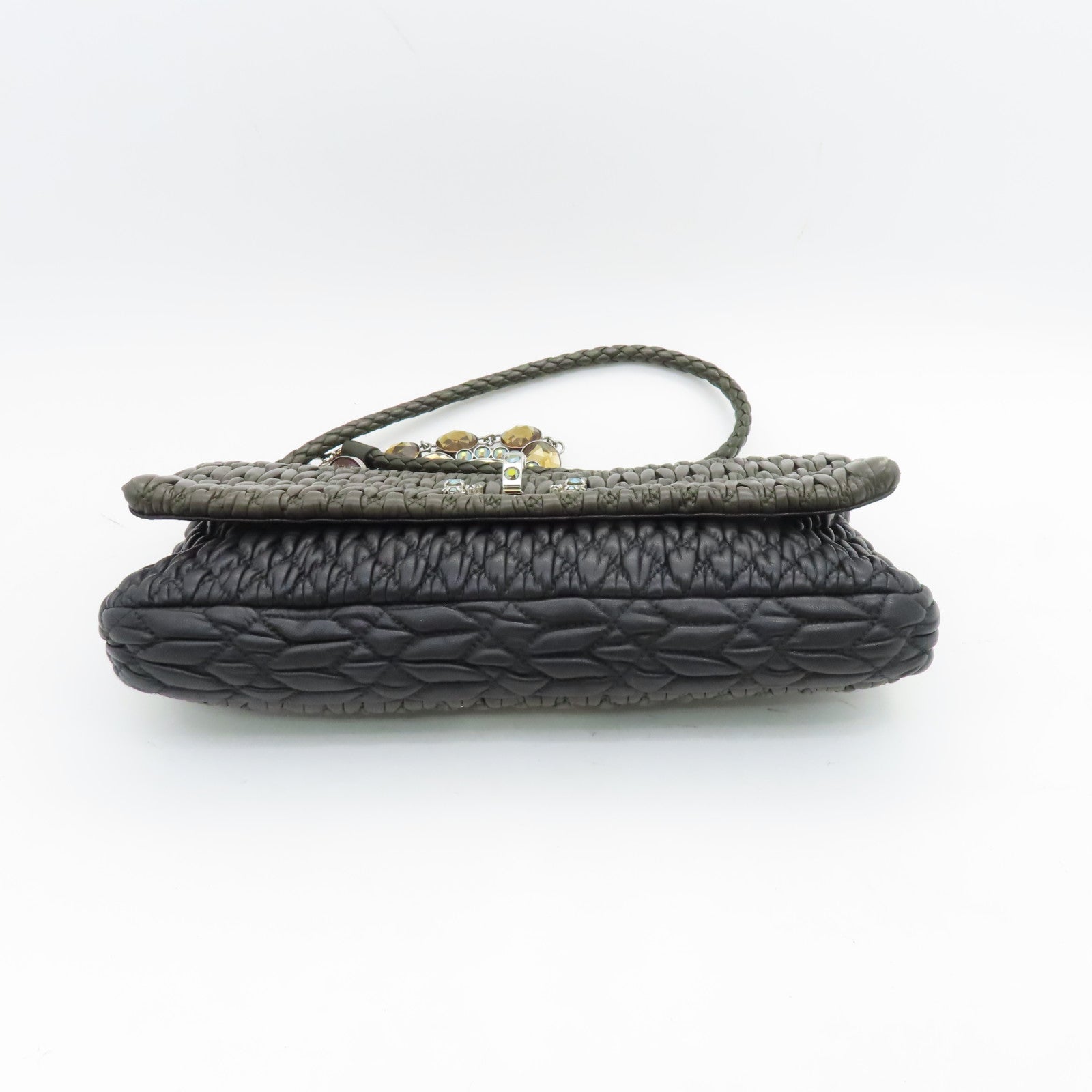 Miu Miu Cowhide Leather 2way Shoulder Bag Silver Buckle Handle Shoulder Bag Green/Black