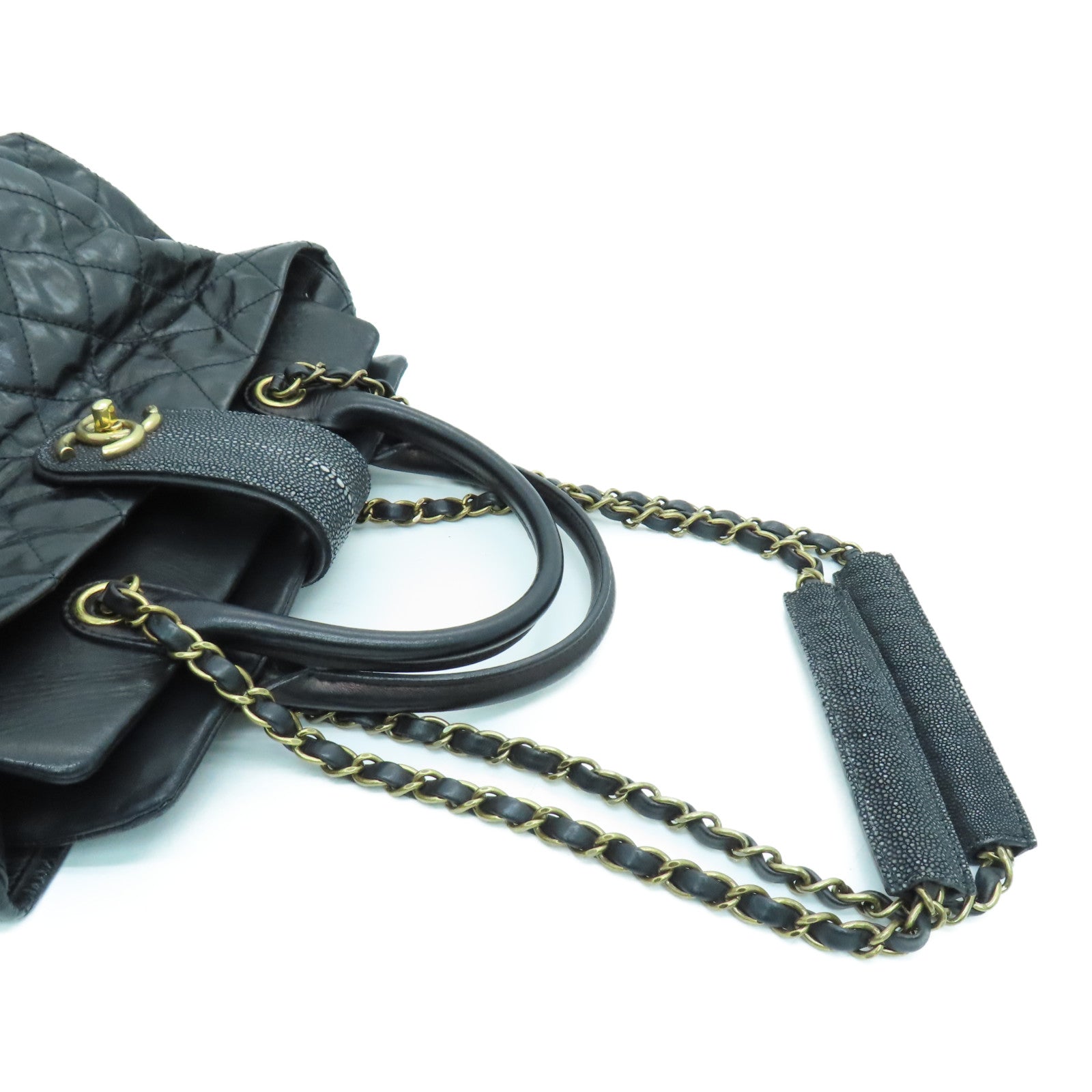 CHANEL 菱格牛皮皮革Shoulder Bag金扣手挽肩背两用袋黑色