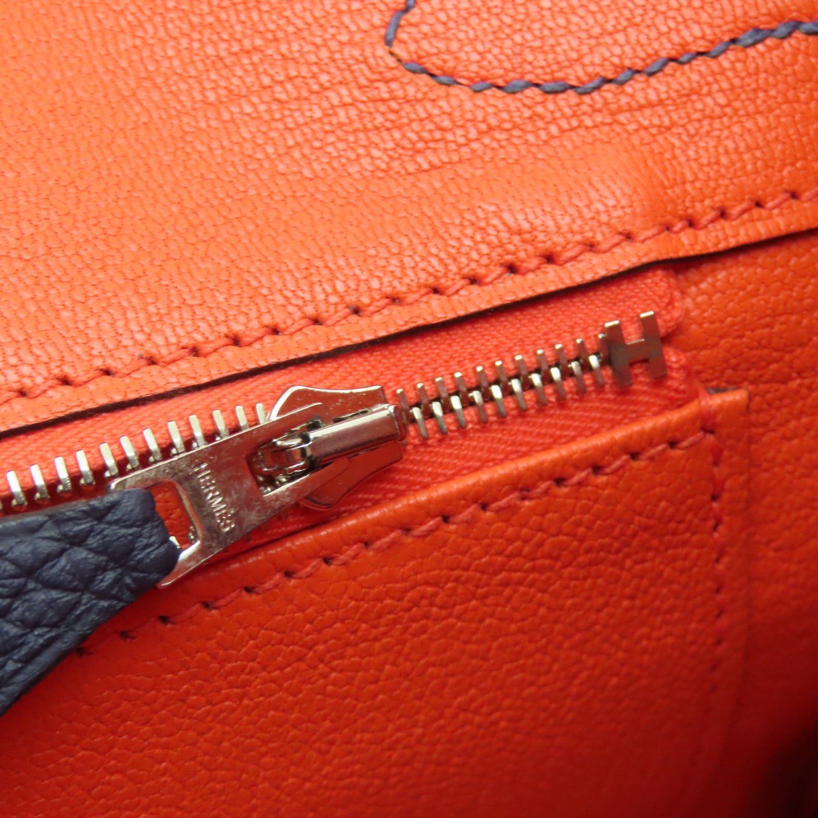 HERMES Togo皮革Birkin 30銀扣手挽袋午夜藍色/橙色