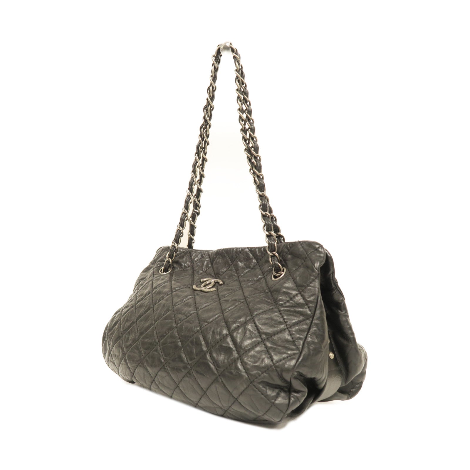 CHANEL 菱格牛皮皮革Chain Shoulder銀扣鏈帶肩背袋黑色