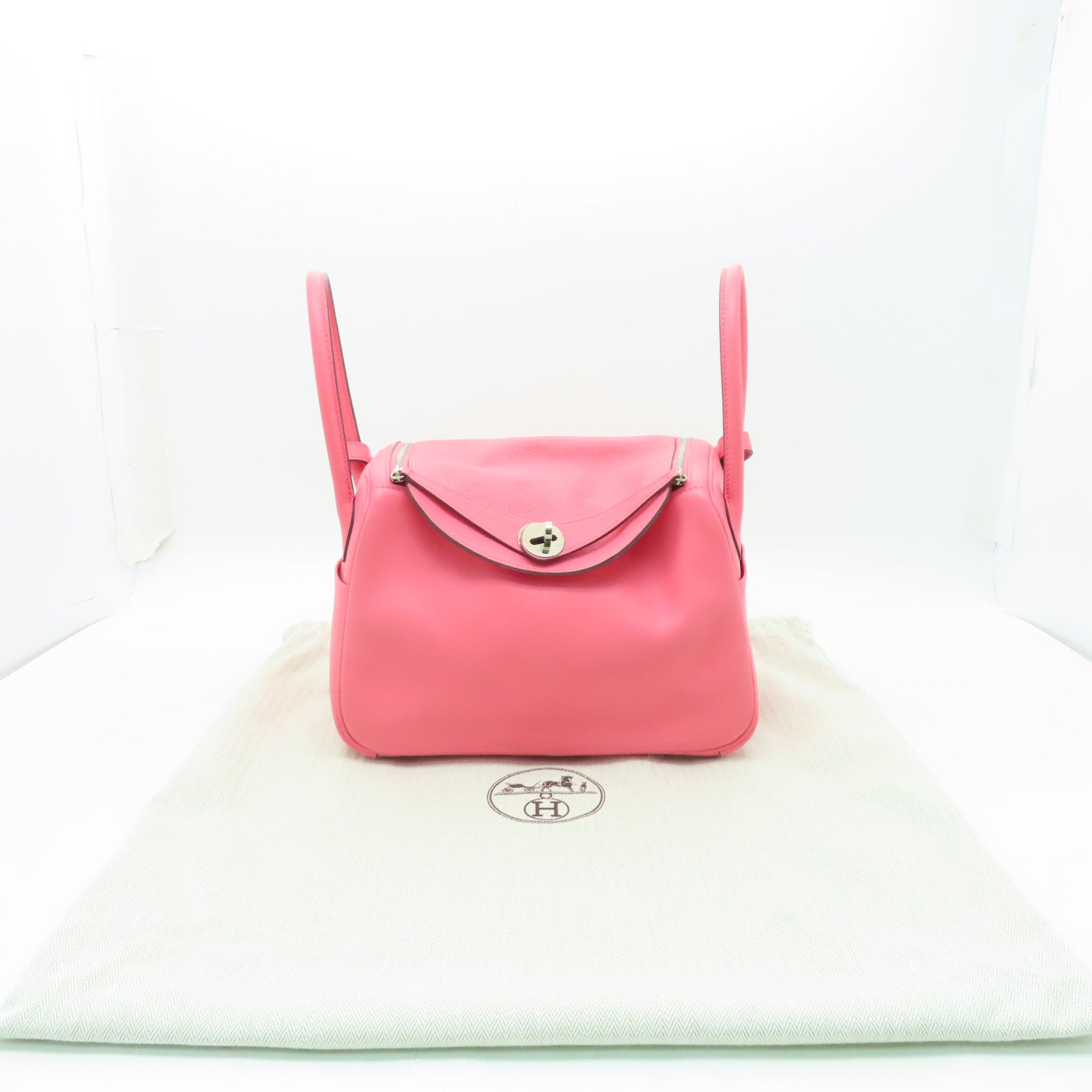 HERMES Evercolor皮革Lindy 26銀扣肩背袋新杜鵑桃色