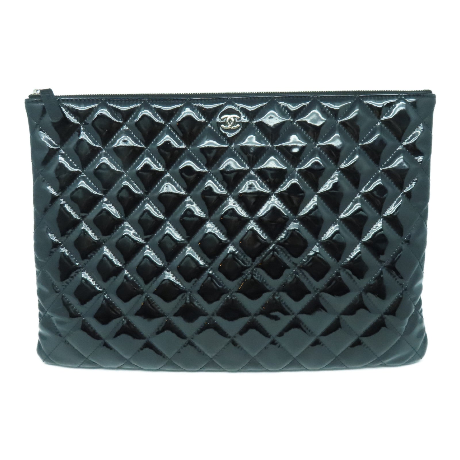 CHANEL 漆皮皮革Clutch Bag銀扣手拿包黑色
