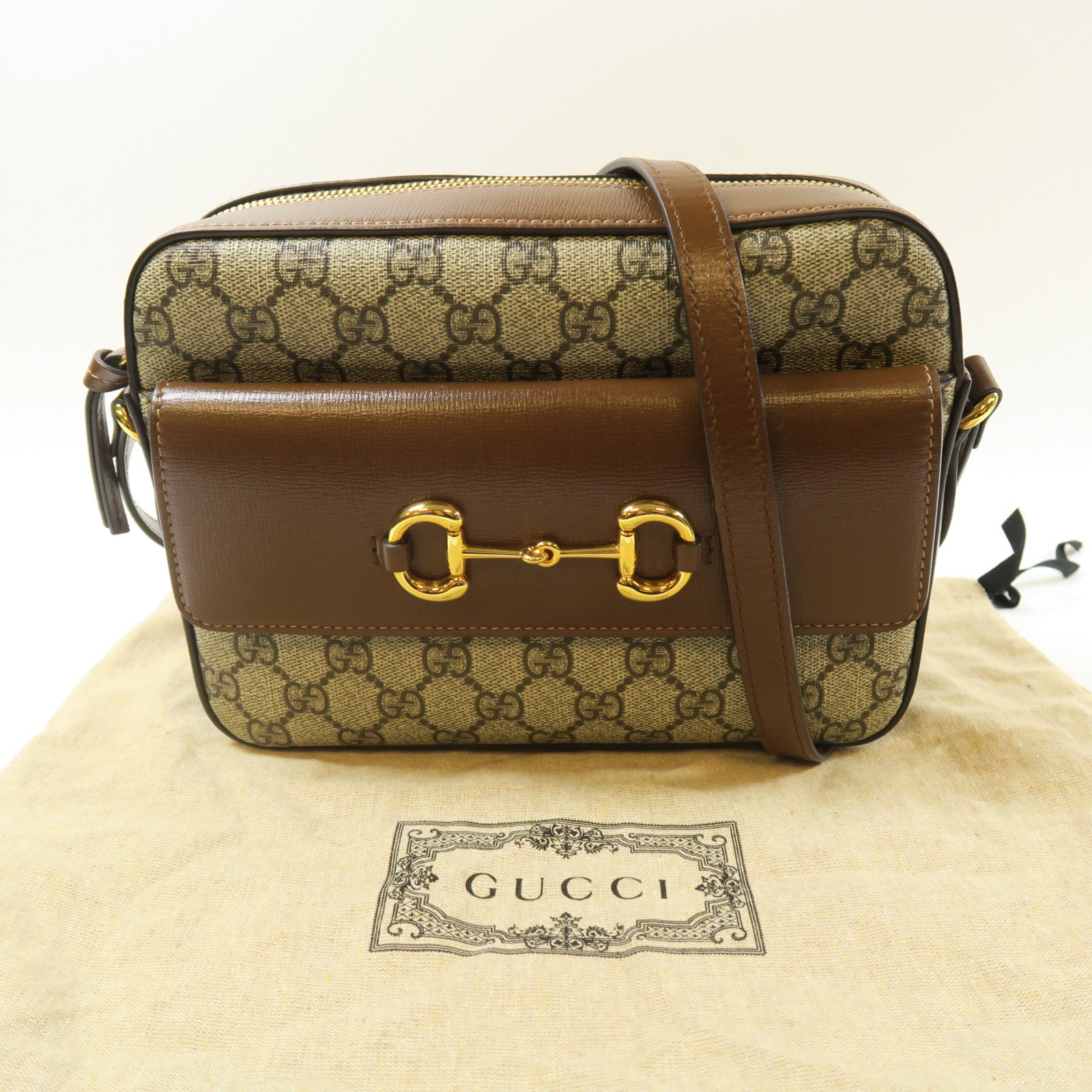 GUCCI 牛皮皮革/GG帆布Horsebit 1955 Small金扣肩背袋啡色