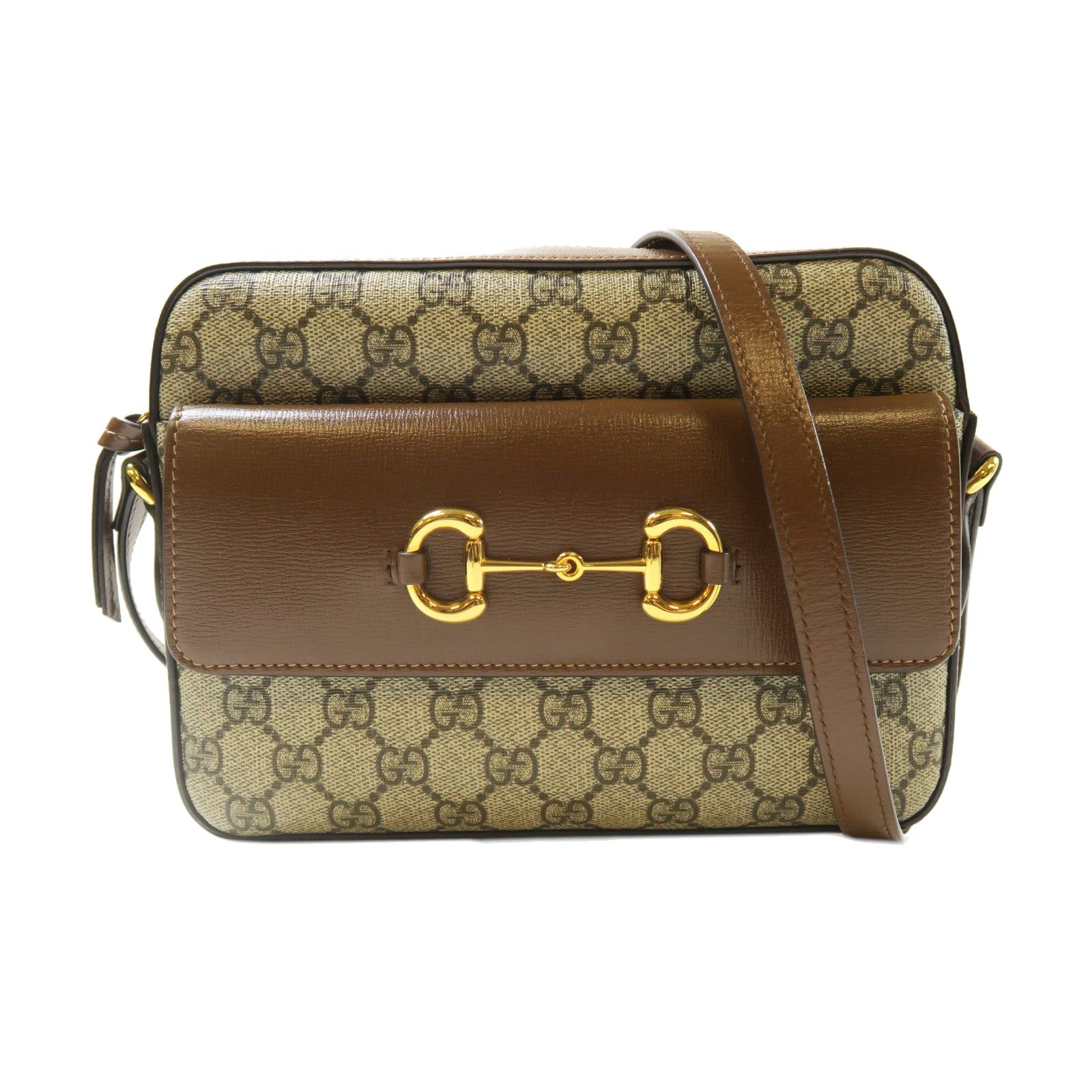 GUCCI 牛皮皮革/GG帆布Horsebit 1955 Small金扣肩背袋啡色