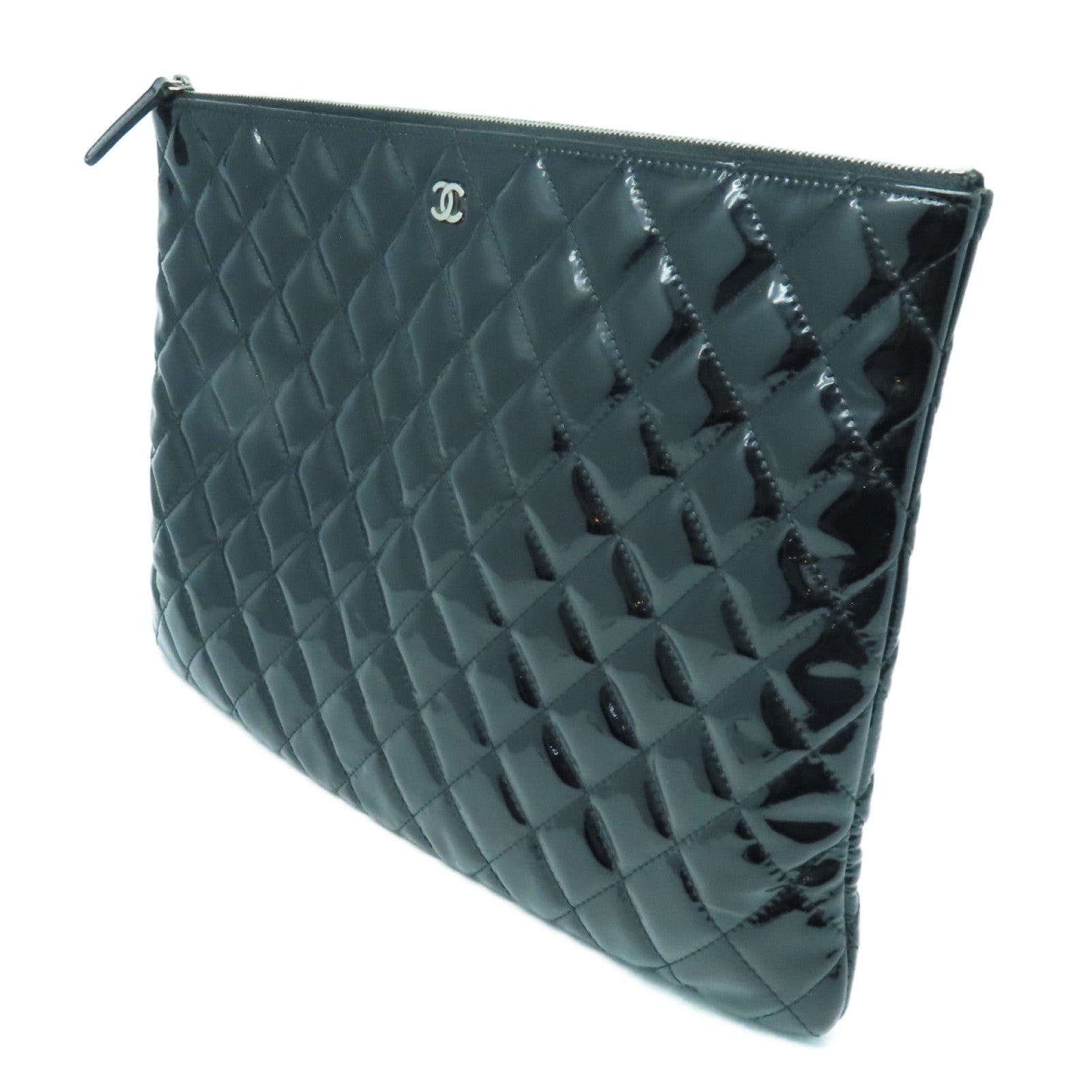CHANEL 漆皮皮革Clutch Bag銀扣手拿包黑色