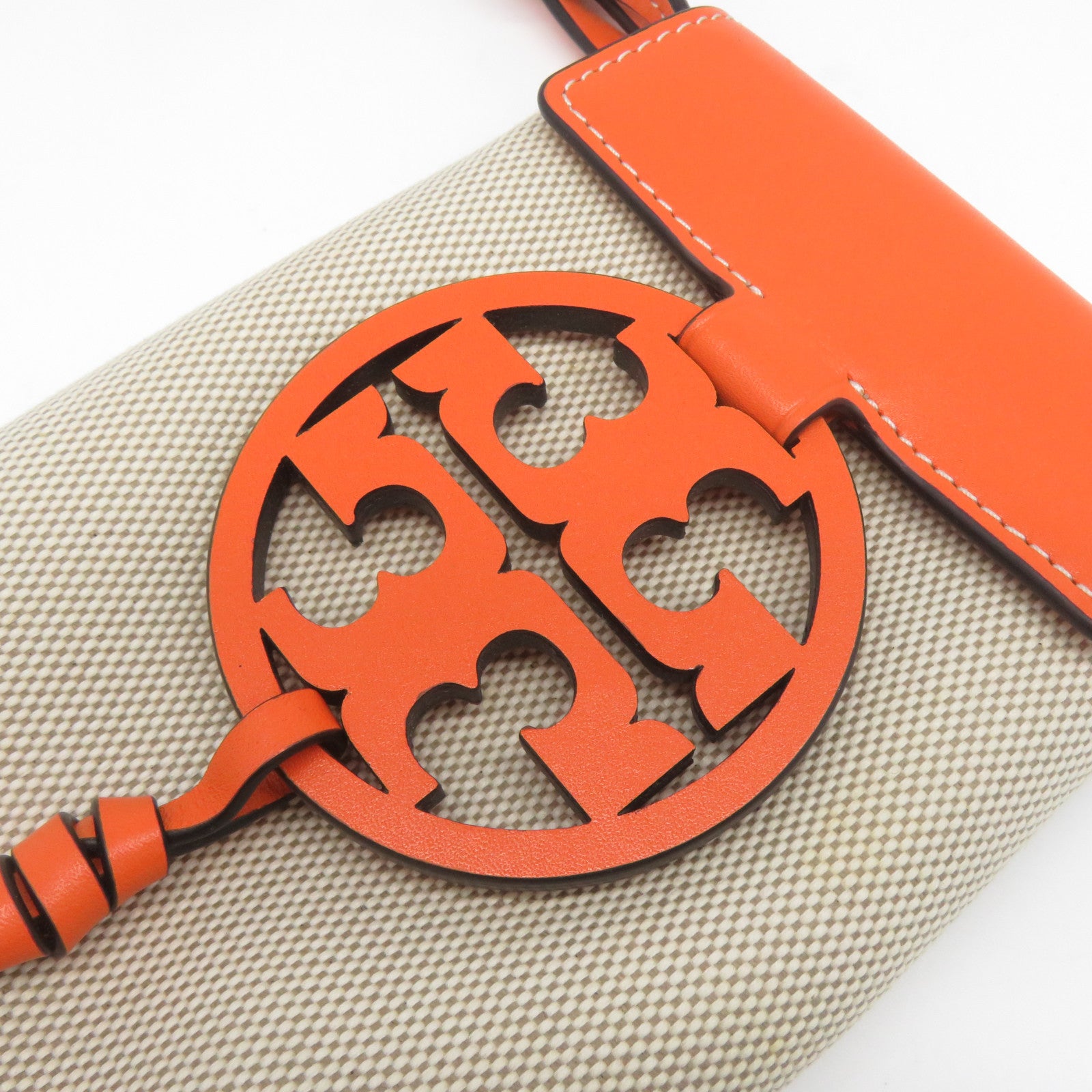 Tory Burch 帆布/皮革Shoulder Bag金扣肩背袋米色/橙色