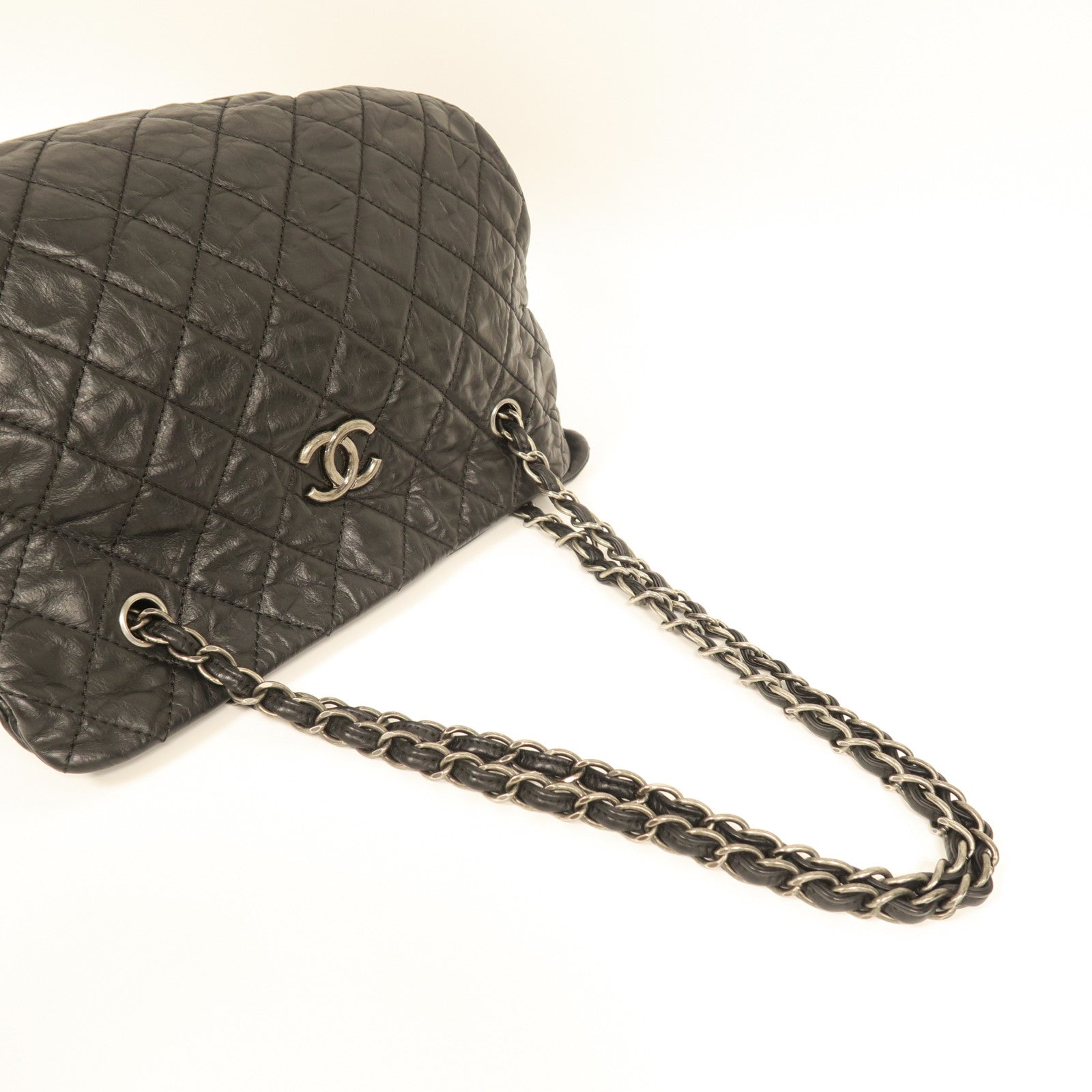 CHANEL 菱格牛皮皮革Chain Shoulder銀扣鏈帶肩背袋黑色