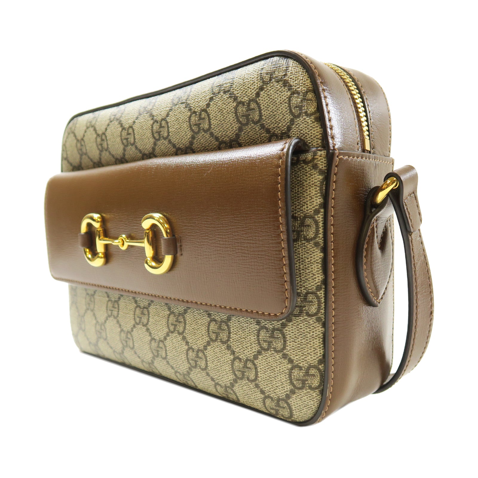 GUCCI 牛皮皮革/GG帆布Horsebit 1955 Small金扣肩背袋啡色