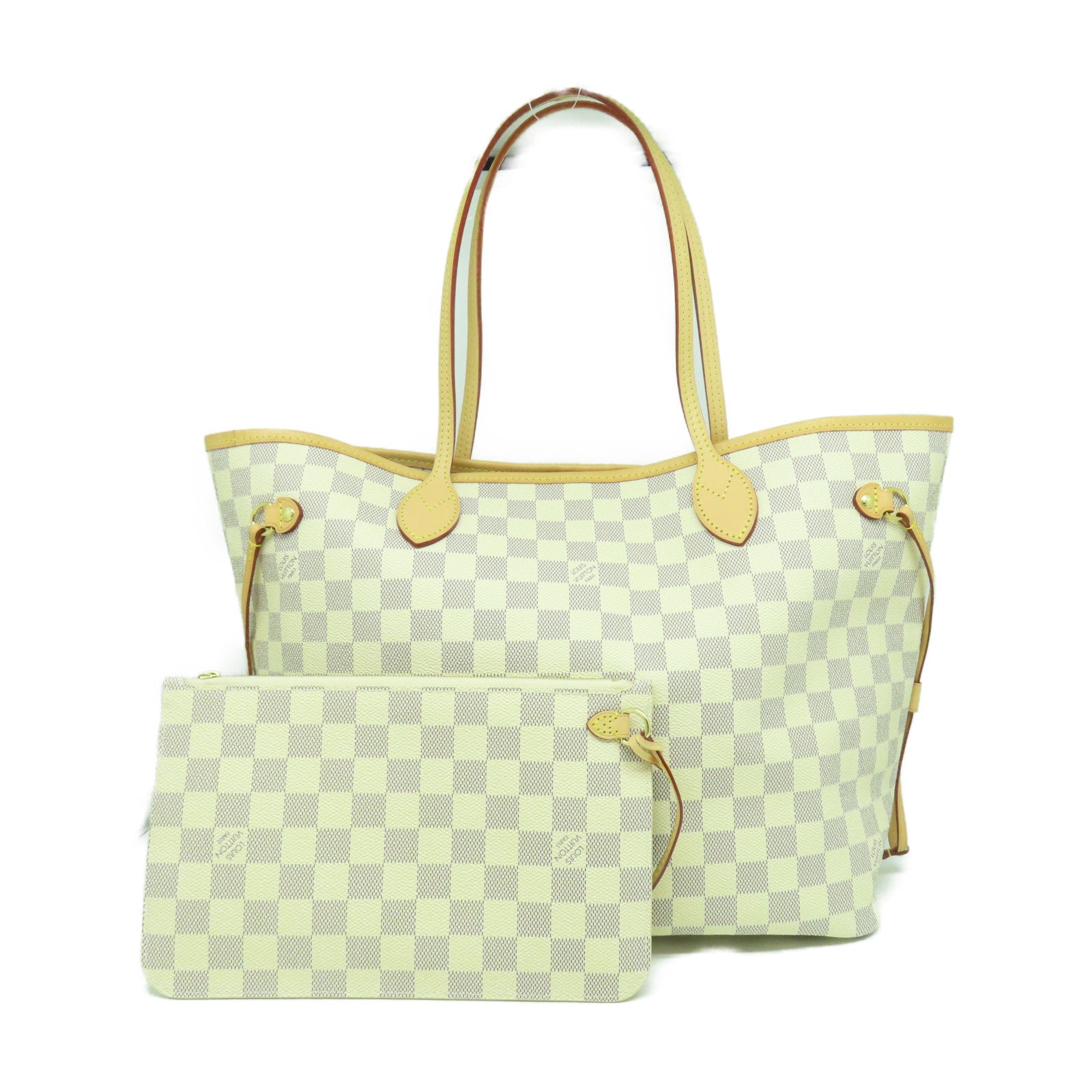 LOUIS VUITTON Damier Azur Neverfull MM金扣肩背袋白色