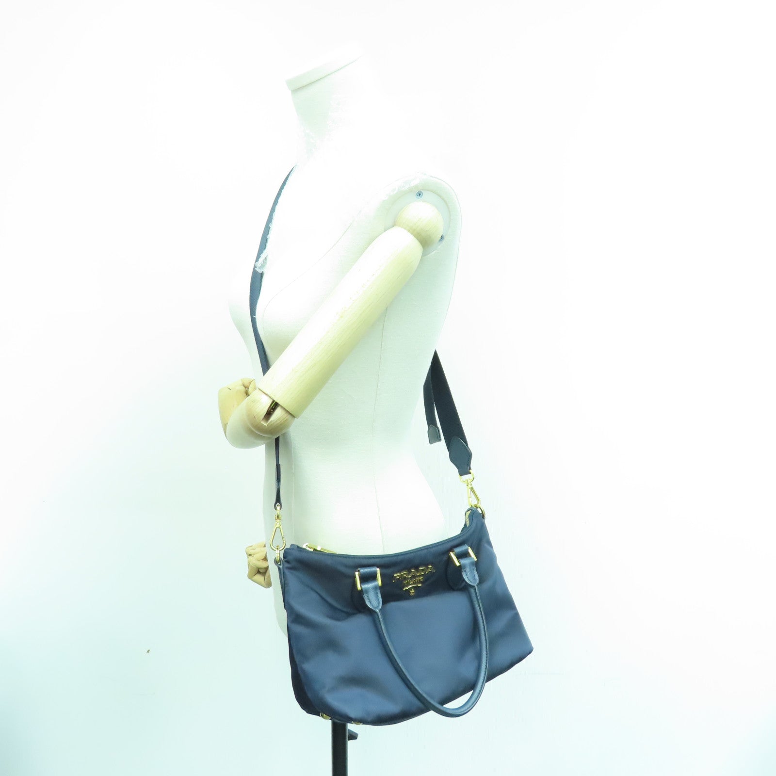 PRADA Nylon 2 Way Shoulder Bag Gold Buckle Handle Shoulder Bag Dark Blue