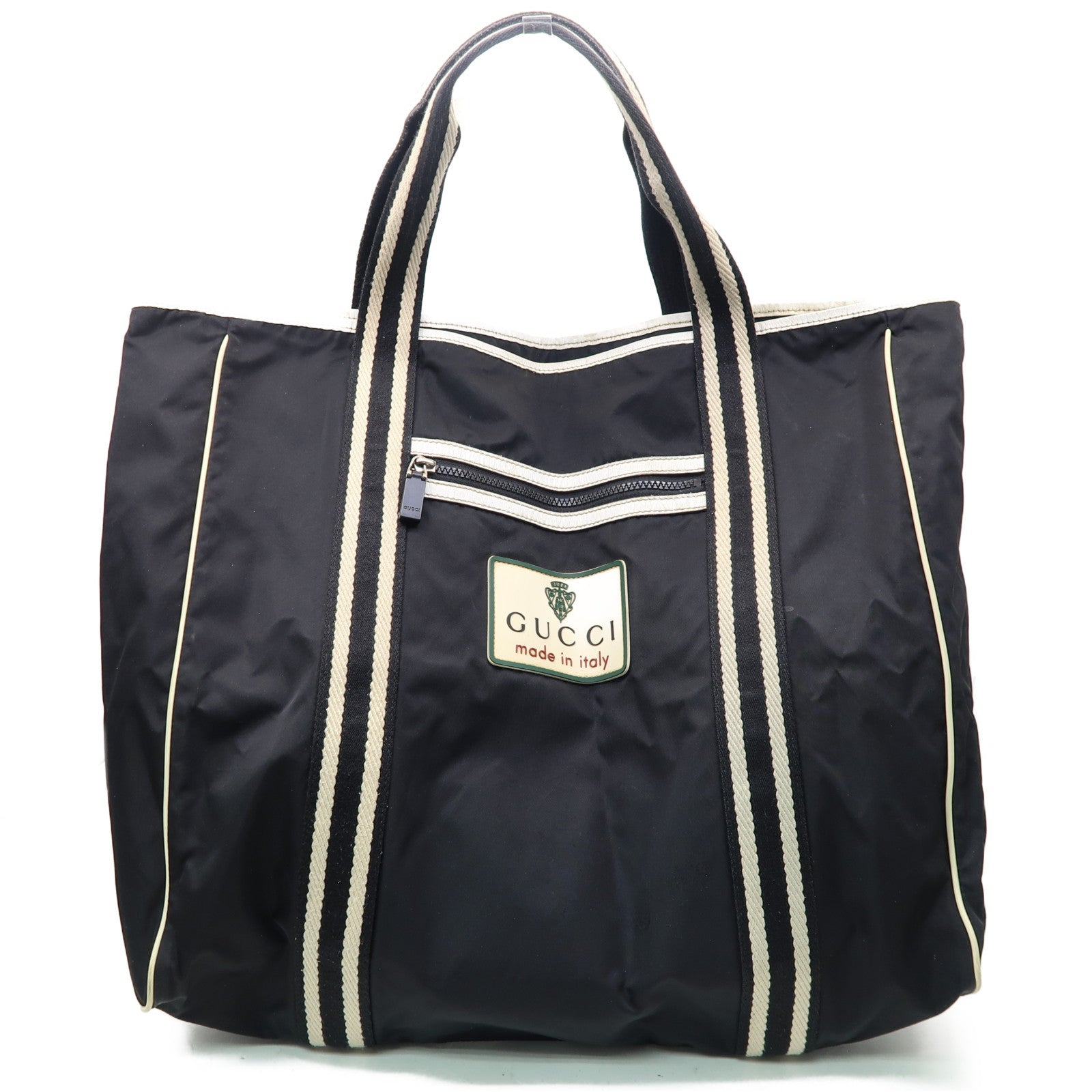 GUCCI 尼龍Tote Bag銀扣肩背袋黑色/白色