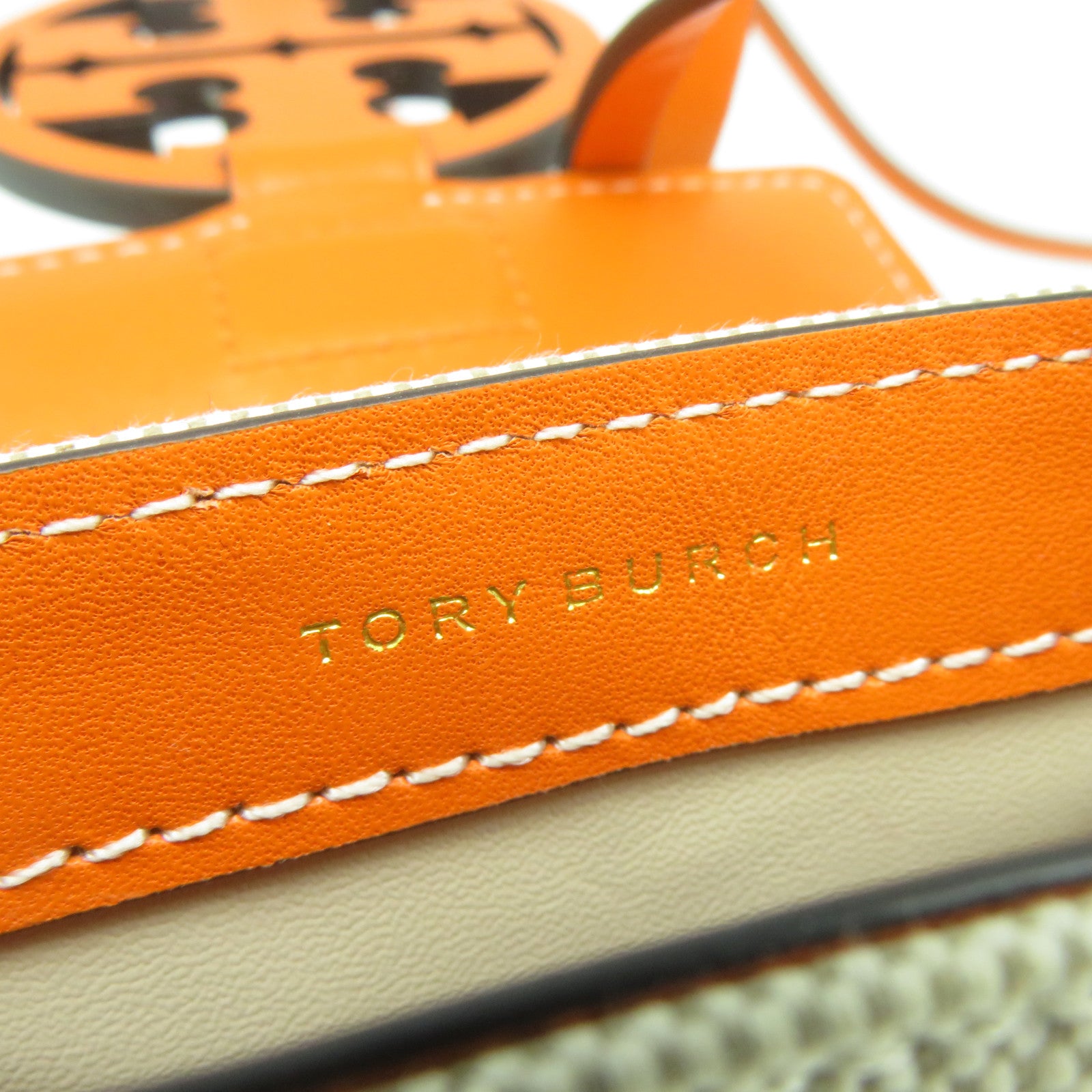 Tory Burch 帆布/皮革Shoulder Bag金扣肩背袋米色/橙色