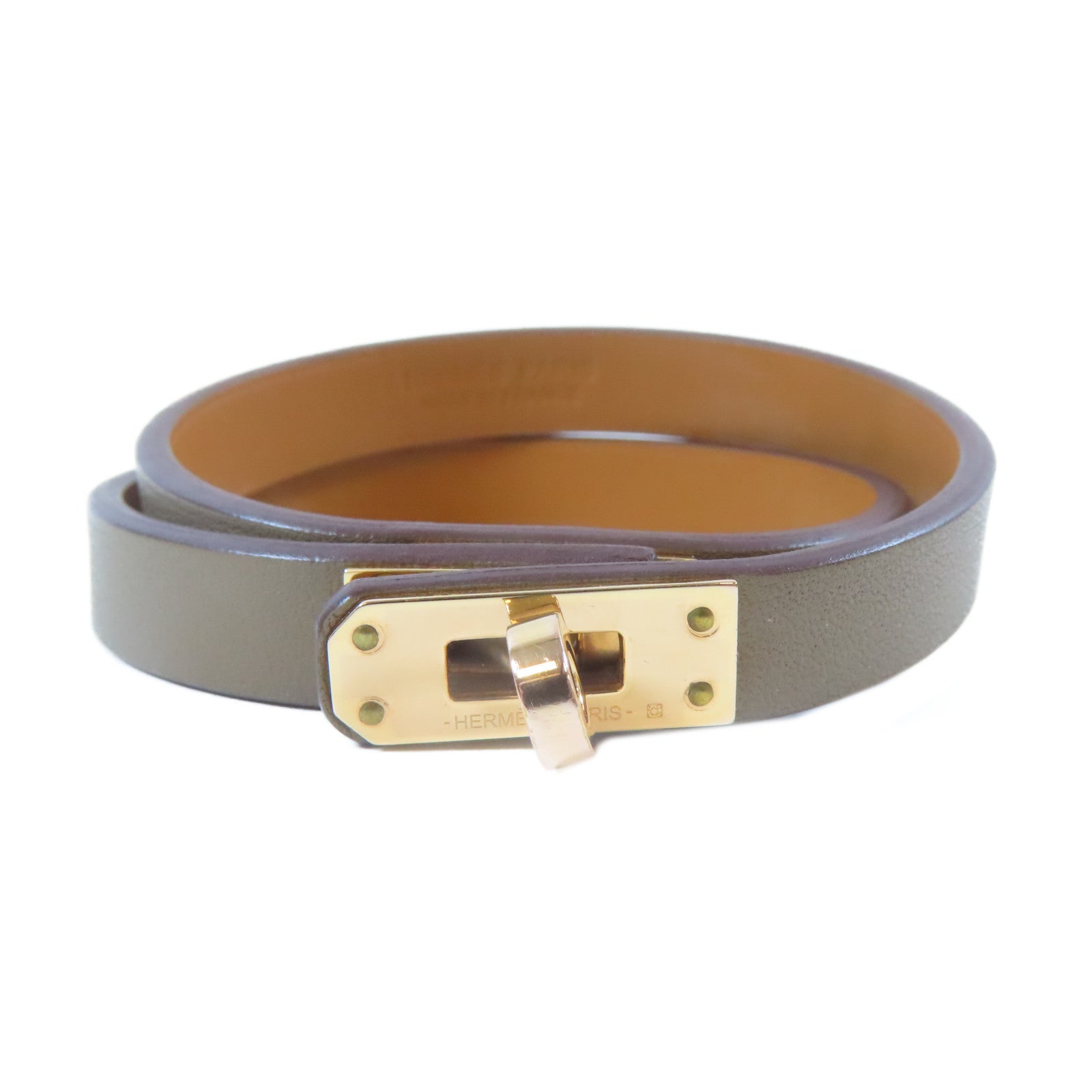 HERMES 皮革/金屬Mini Kelly Double Tour手鐲大象灰色#16cm