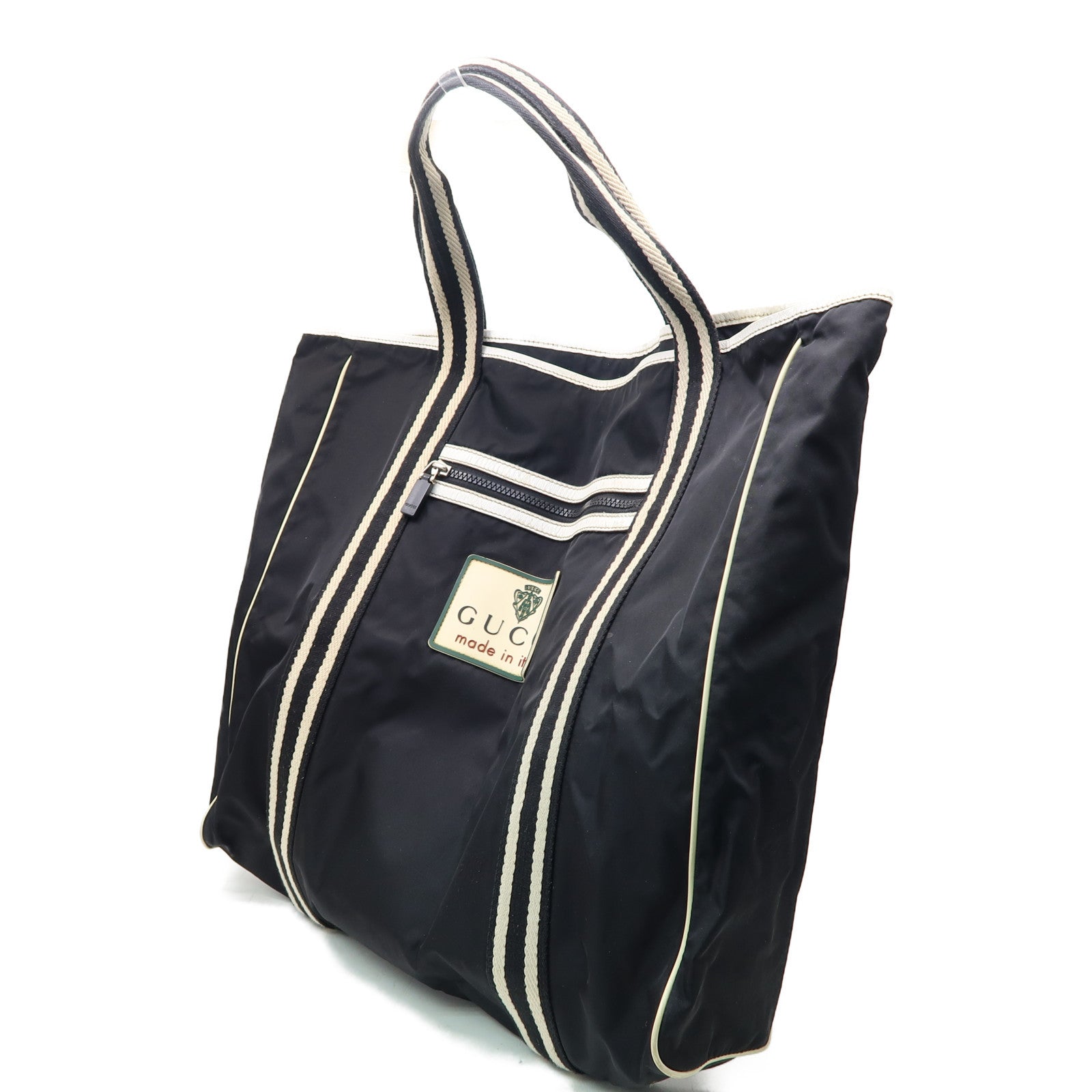 GUCCI 尼龍Tote Bag銀扣肩背袋黑色/白色