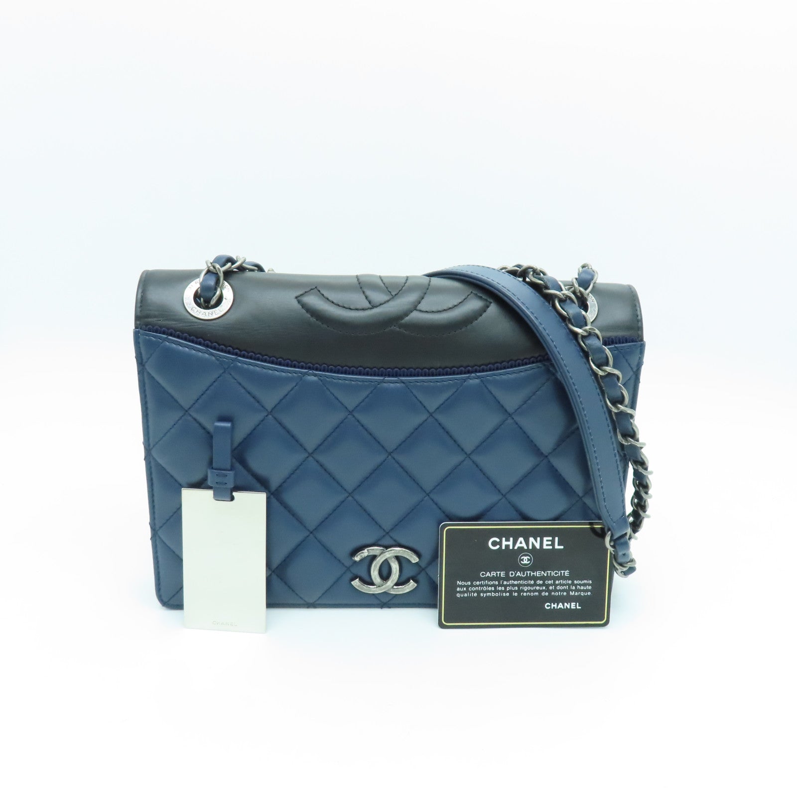 CHANEL rhombus sheepskin leather Shoulder Bag silver buckle chain shoulder bag blue