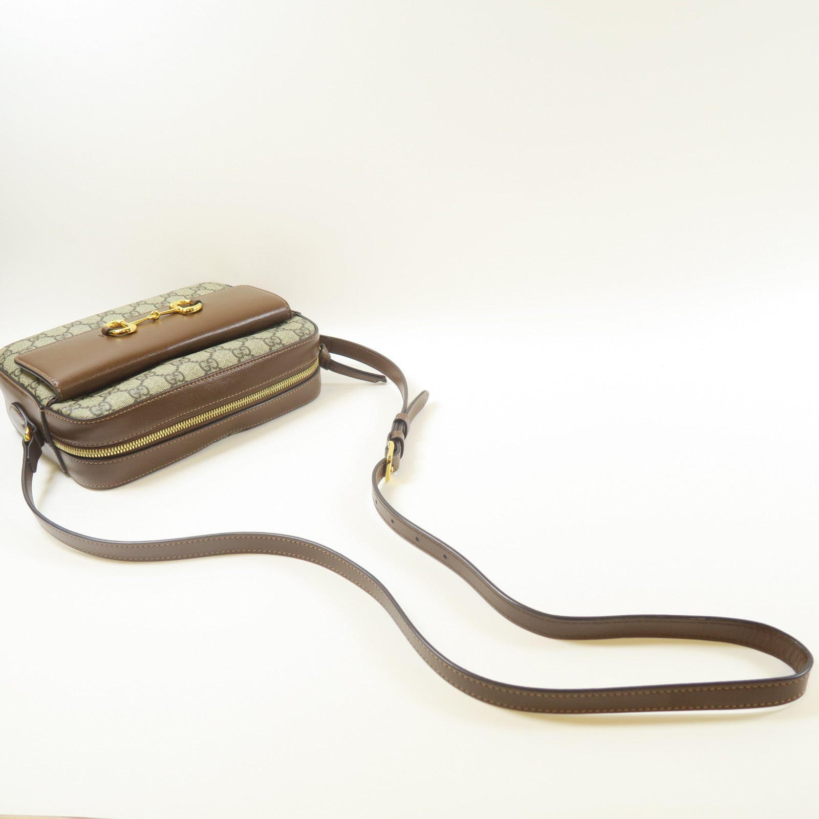 GUCCI 牛皮皮革/GG帆布Horsebit 1955 Small金扣肩背袋啡色
