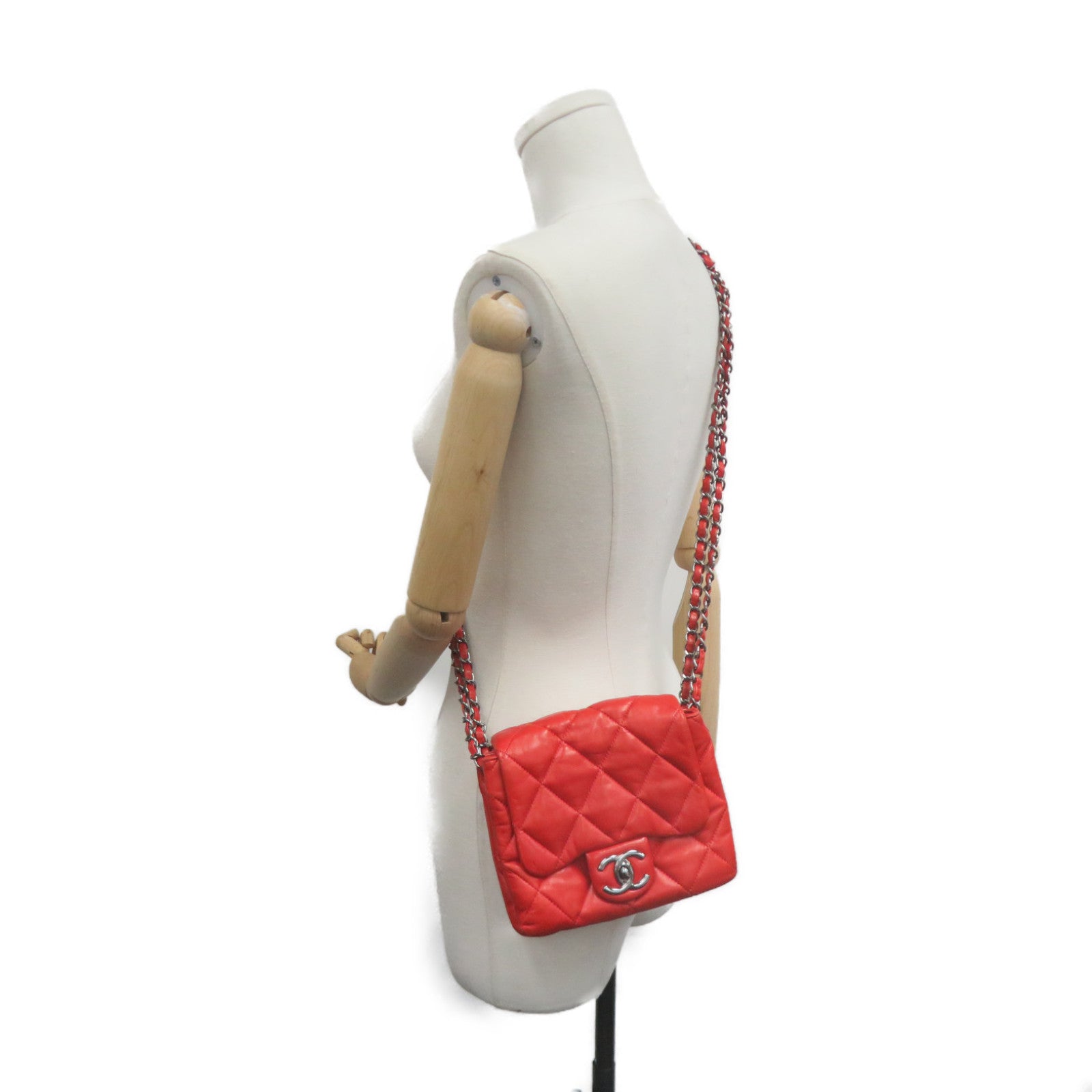 CHANEL 菱格羊皮皮革Mini Square Chain Shoulder Bag银扣链带肩背袋橙红色