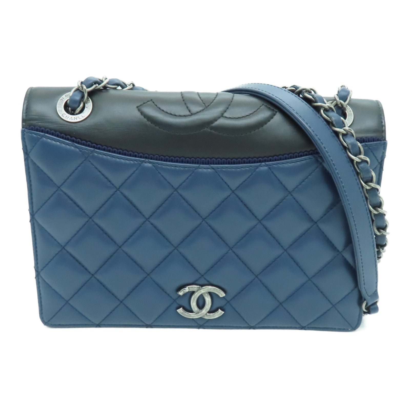 CHANEL rhombus sheepskin leather Shoulder Bag silver buckle chain shoulder bag blue