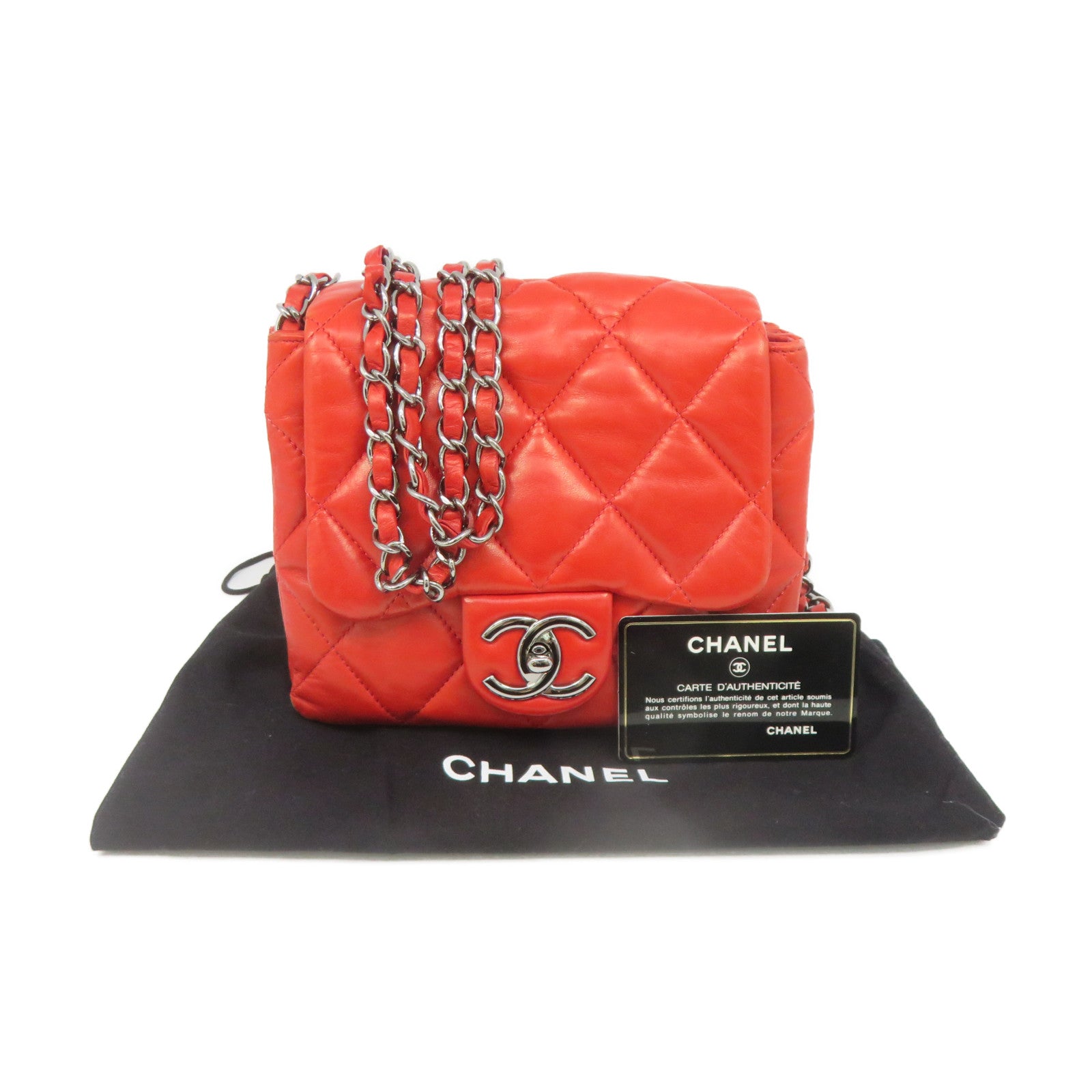 CHANEL 菱格羊皮皮革Mini Square Chain Shoulder Bag银扣链带肩背袋橙红色