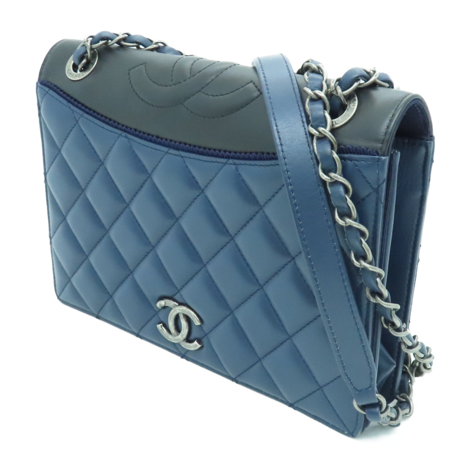 CHANEL rhombus sheepskin leather Shoulder Bag silver buckle chain shoulder bag blue