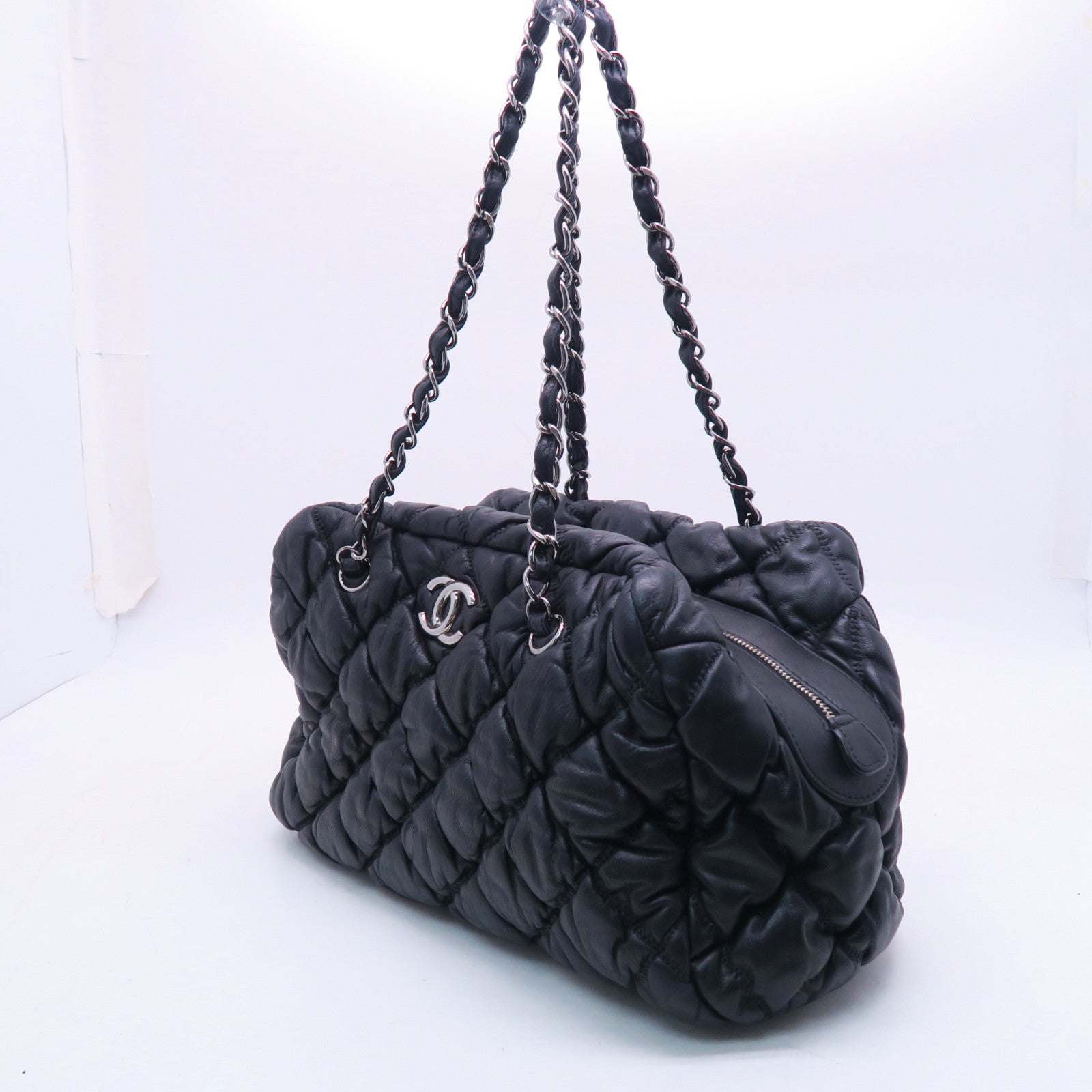 CHANEL 菱格牛皮皮革Chain Shoulder银扣肩背袋黑色