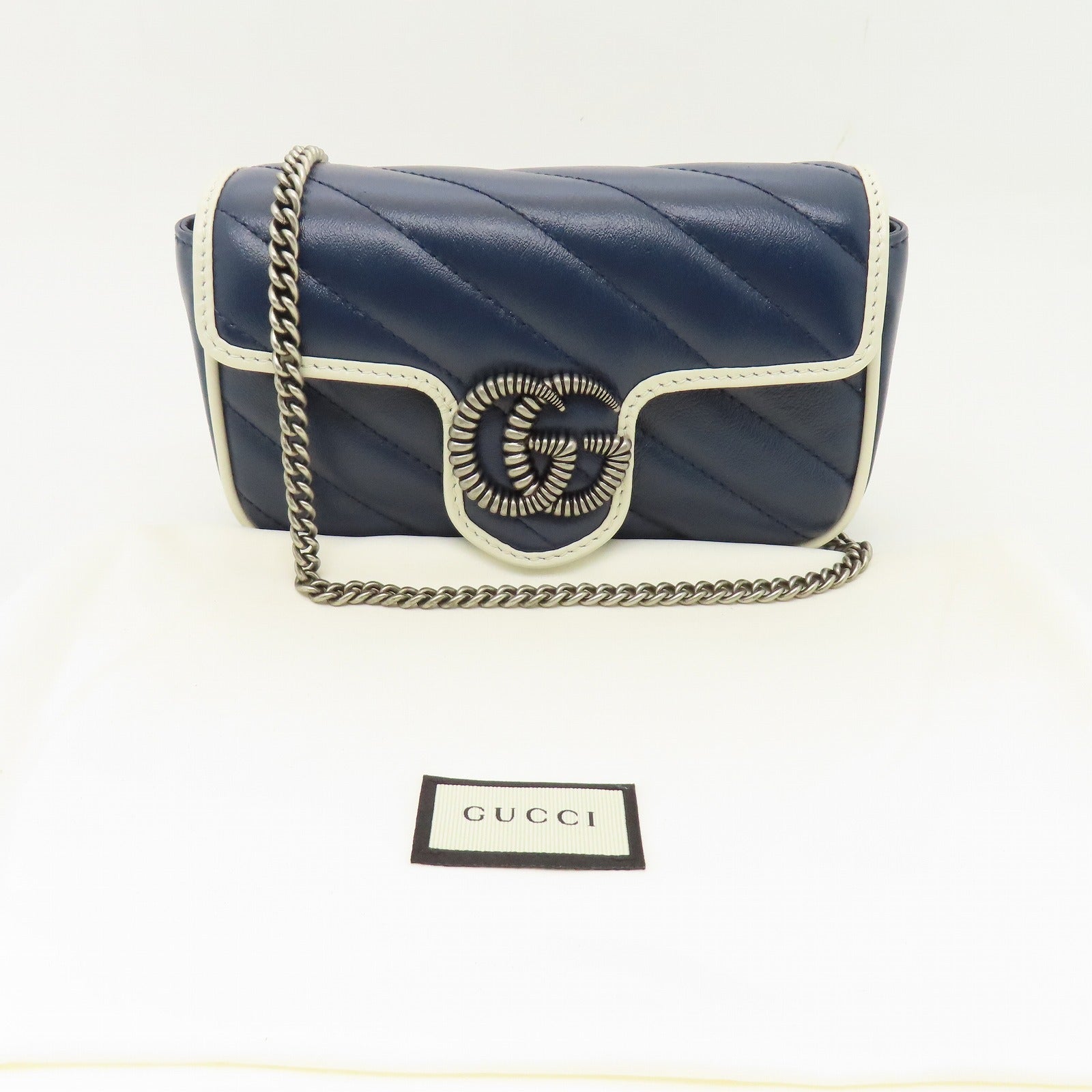 GUCCI 牛皮皮革Mini Chain Bag銀扣鏈帶肩背袋藍色/白色