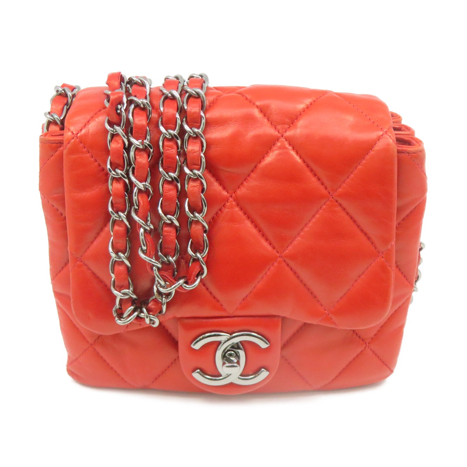 CHANEL 菱格羊皮皮革Mini Square Chain Shoulder Bag银扣链带肩背袋橙红色