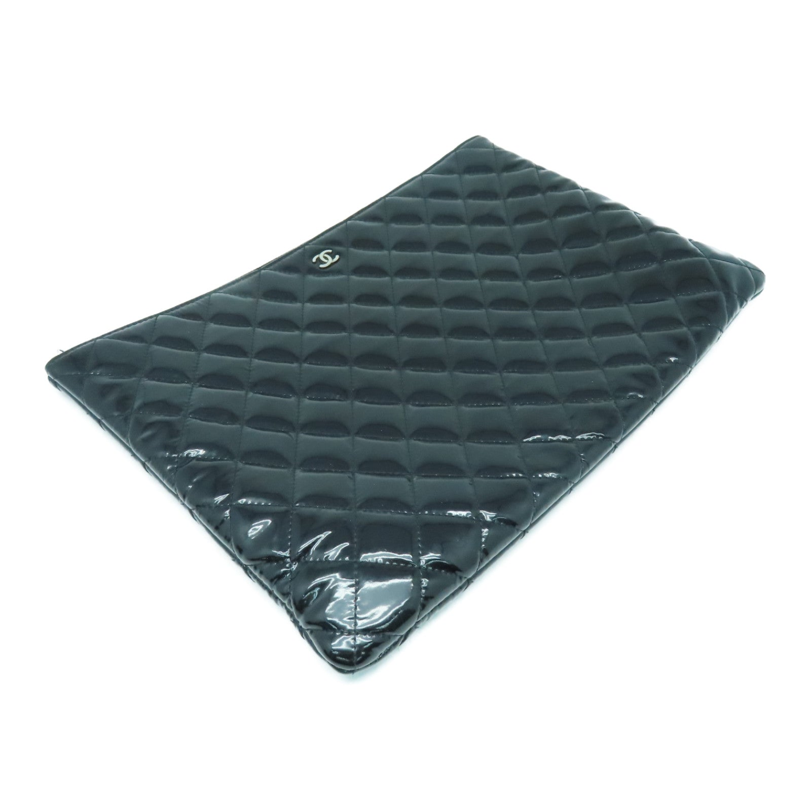 CHANEL 漆皮皮革Clutch Bag銀扣手拿包黑色
